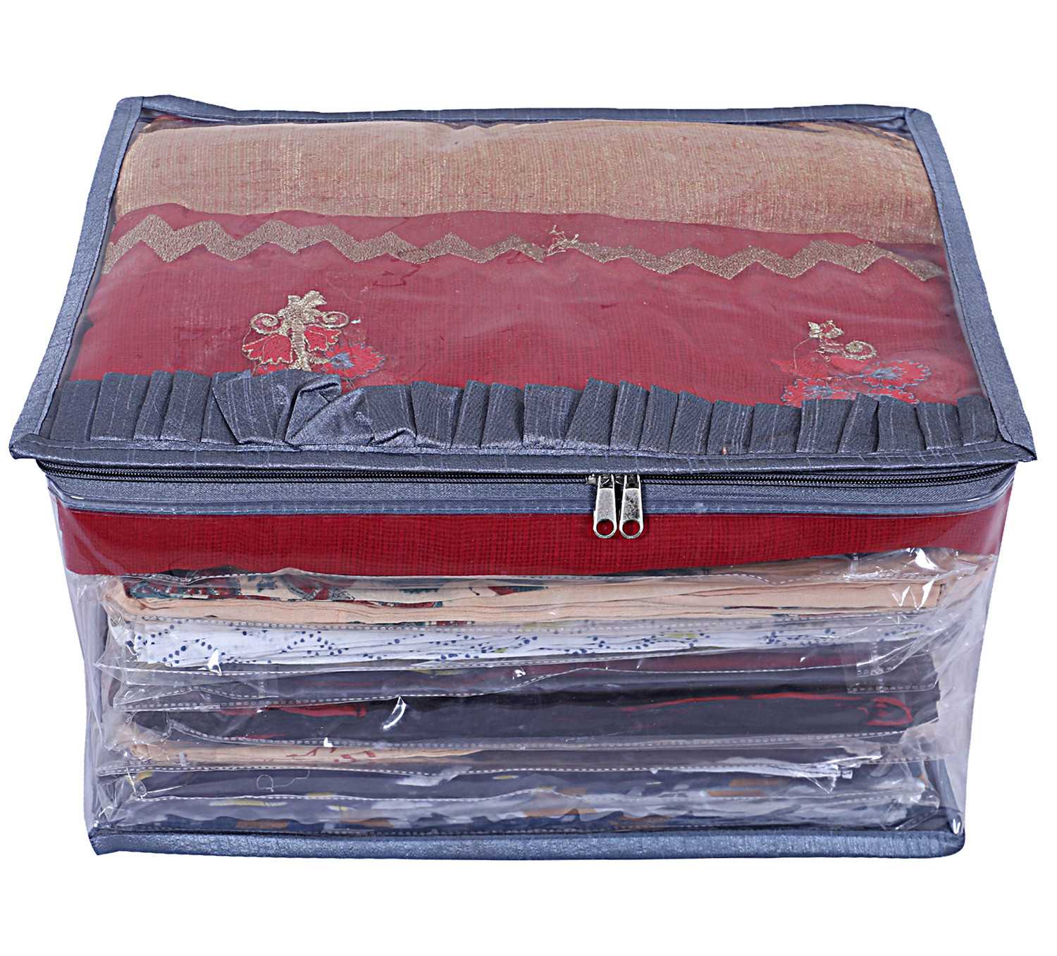 Kuber Industries Satin Water Resistant & Foldable Saree Cover|Clothes Organizer for Home & Travel Top Transparent With Zipper,17 x 9 Inch,(Gray)