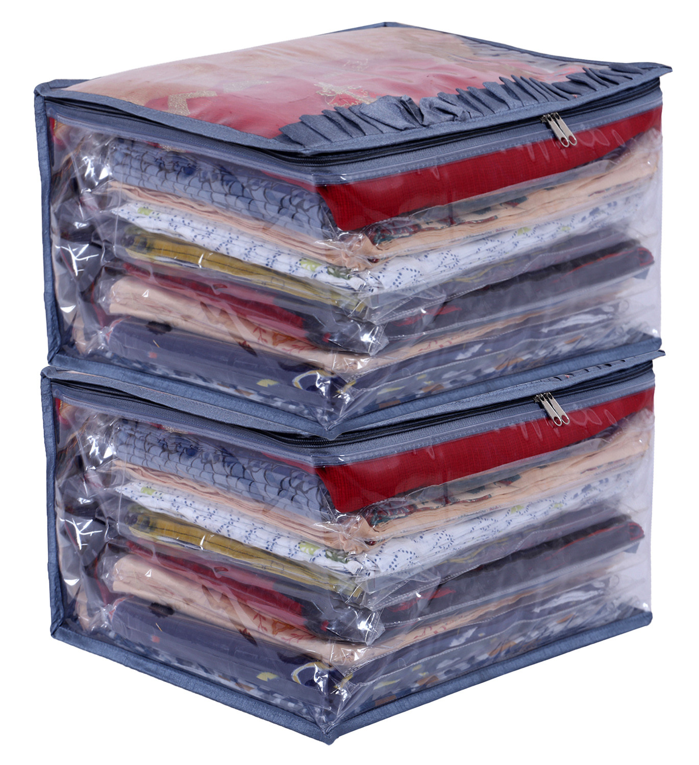 Kuber Industries Satin Water Resistant & Foldable Saree Cover|Clothes Organizer for Home & Travel Top Transparent With Zipper,17 x 9 Inch,(Gray)