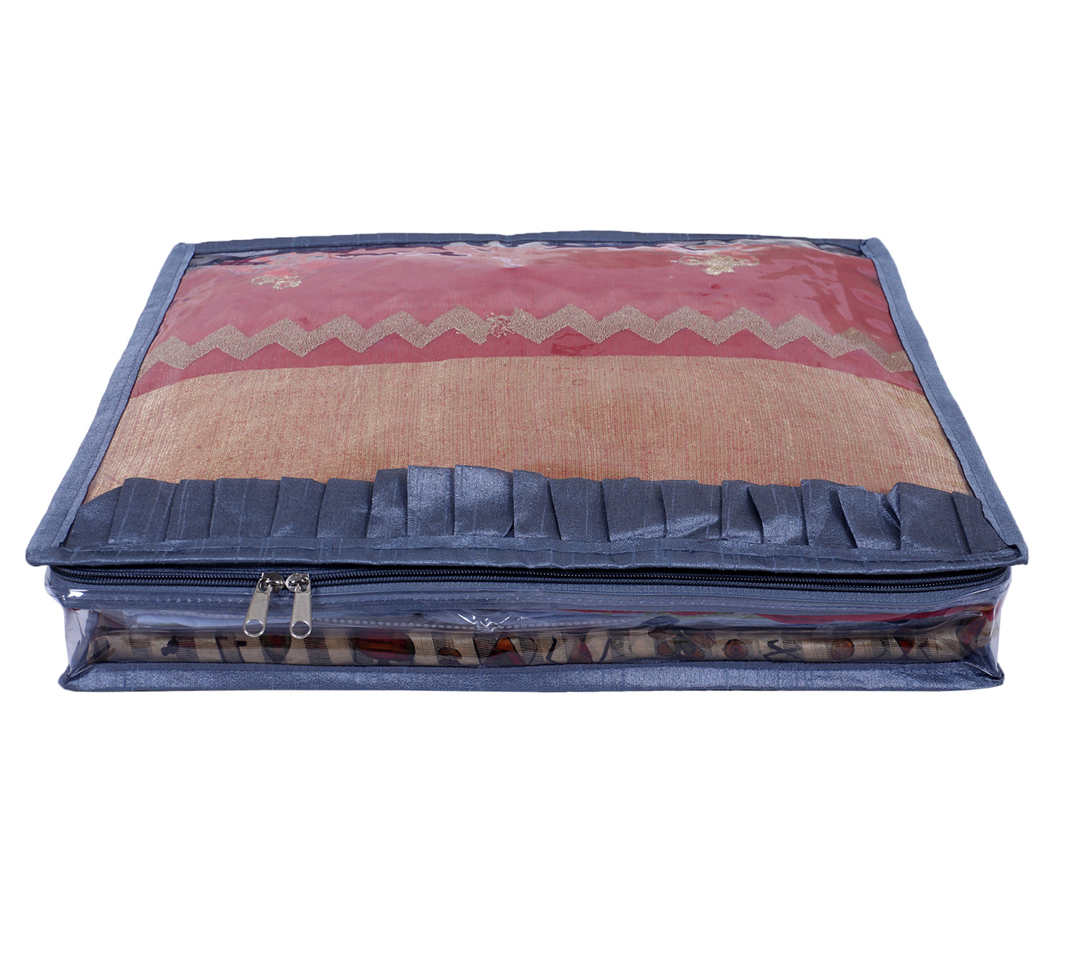 Kuber Industries Satin Water Resistant & Foldable Single Saree Cover|Clothes Organizer for Home & Travel Top Transparent With Zipper,17 x 3 Inch,(Gray)