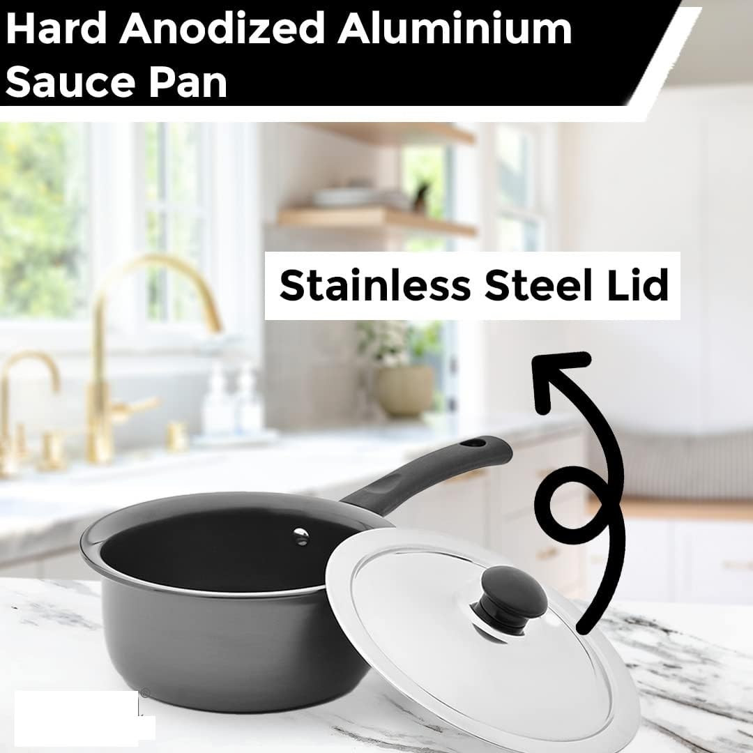 Kuber Industries Sauce Pan | Sauce Pan with Stainless Steel Lid | Gas Stove & Induction Cookware | Sauce Pan Set for Kitchen | Induction Riveted Handle | 2.3 Ltr | Black