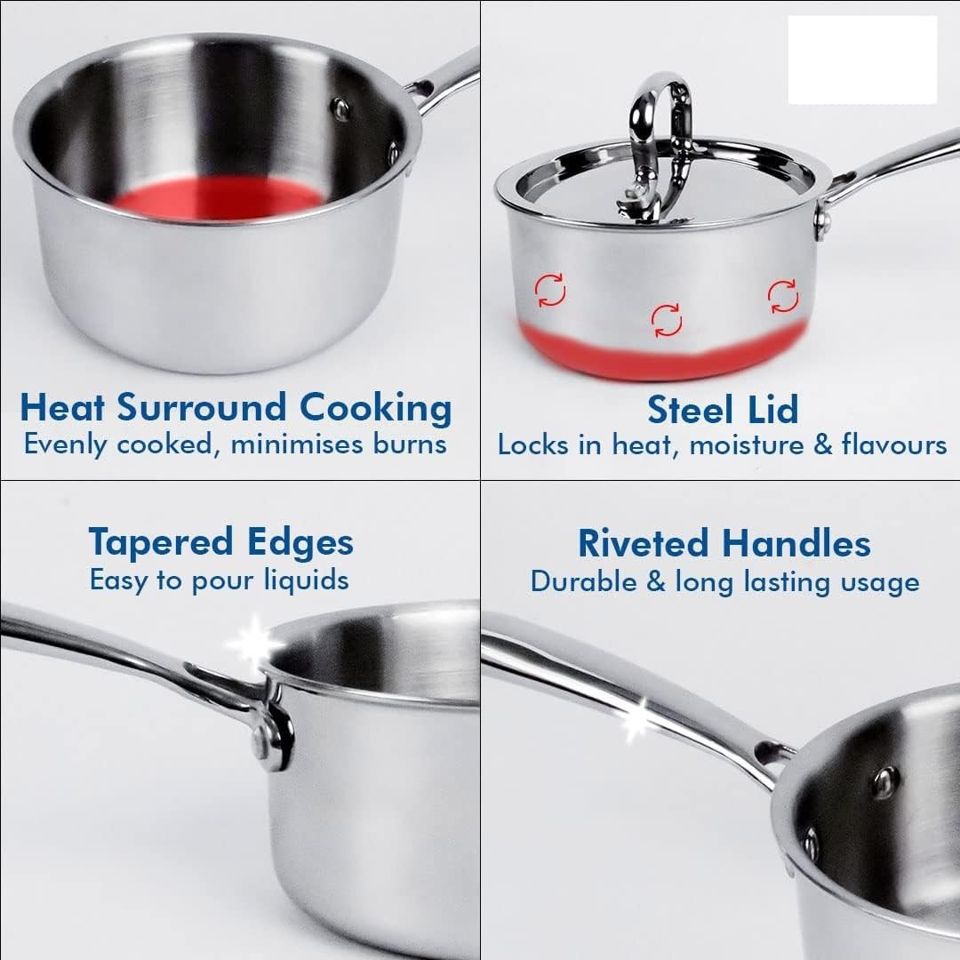 Kuber Industries Sauce Pan | Sauce Pan with Stainless Steel Lid | Gas Stove & Induction Cookware | Sauce Pan Set for Kitchen | Induction Riveted Handle | 2.2 Ltr | Silver