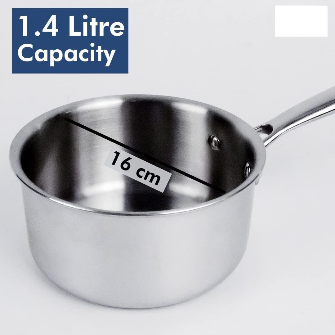 Kuber Industries Sauce Pan | Sauce Pan with Stainless Steel Lid | Gas Stove & Induction Cookware | Sauce Pan Set for Kitchen | Induction Riveted Handle | 1.4 Ltr | Silver