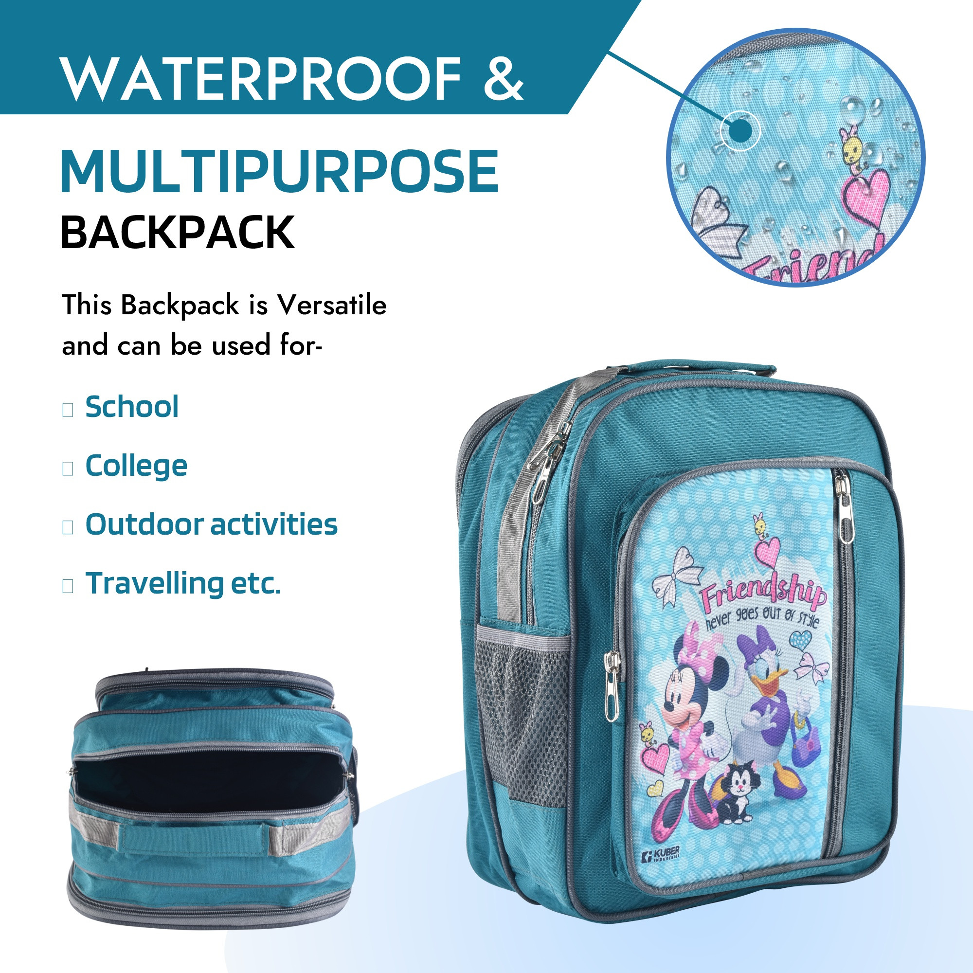 Kuber Industries School Bag Disney Friendship 4 Compartment Backpack for Boys and Girls  Casual School Backpack  Green