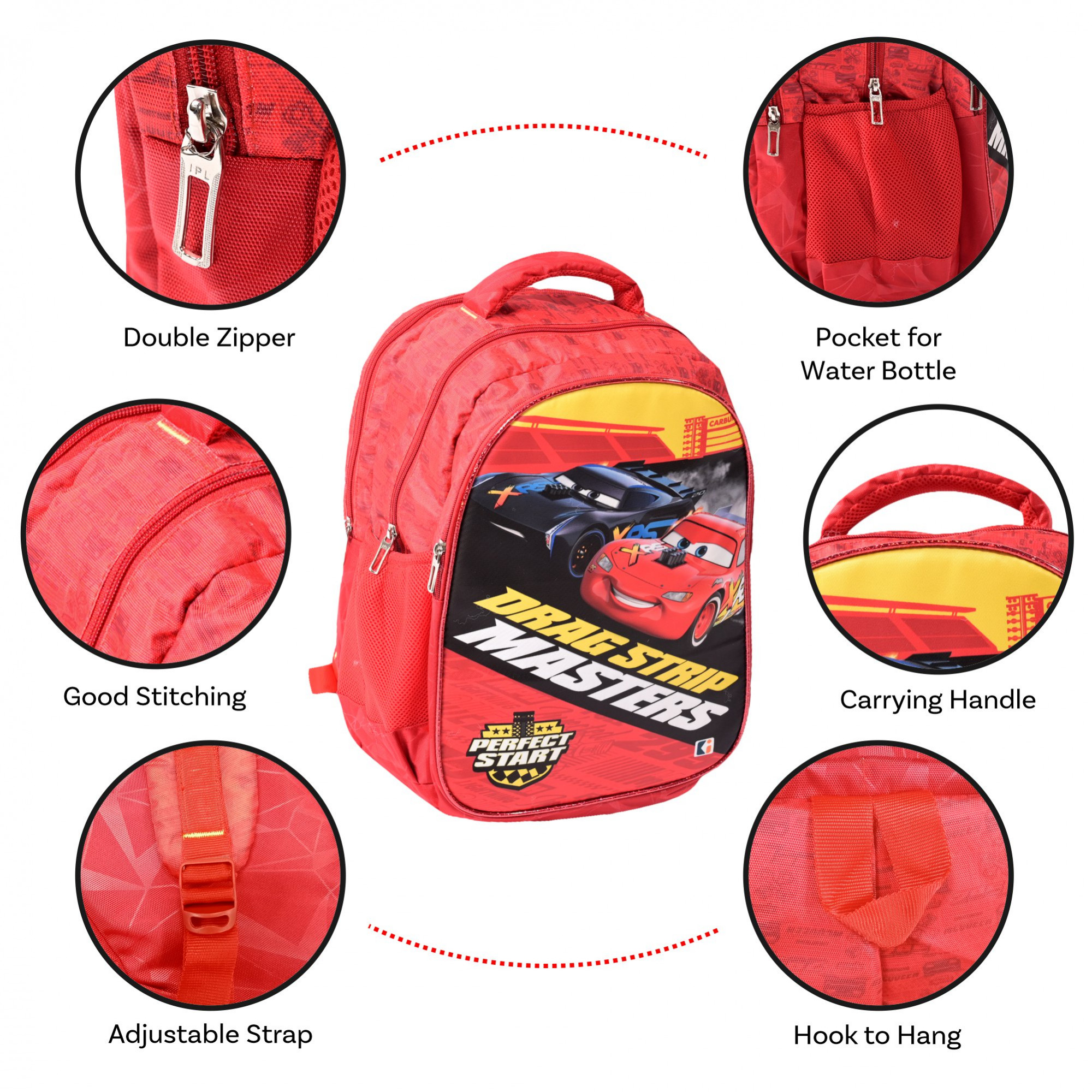 Kuber Industries School-College Bag  Disney Car Backpack for Boys and Girls  4 Compartment Travel Backpack  Water Resistant Bookbag  Bag for Daily Routine  Kids School Bag  Red