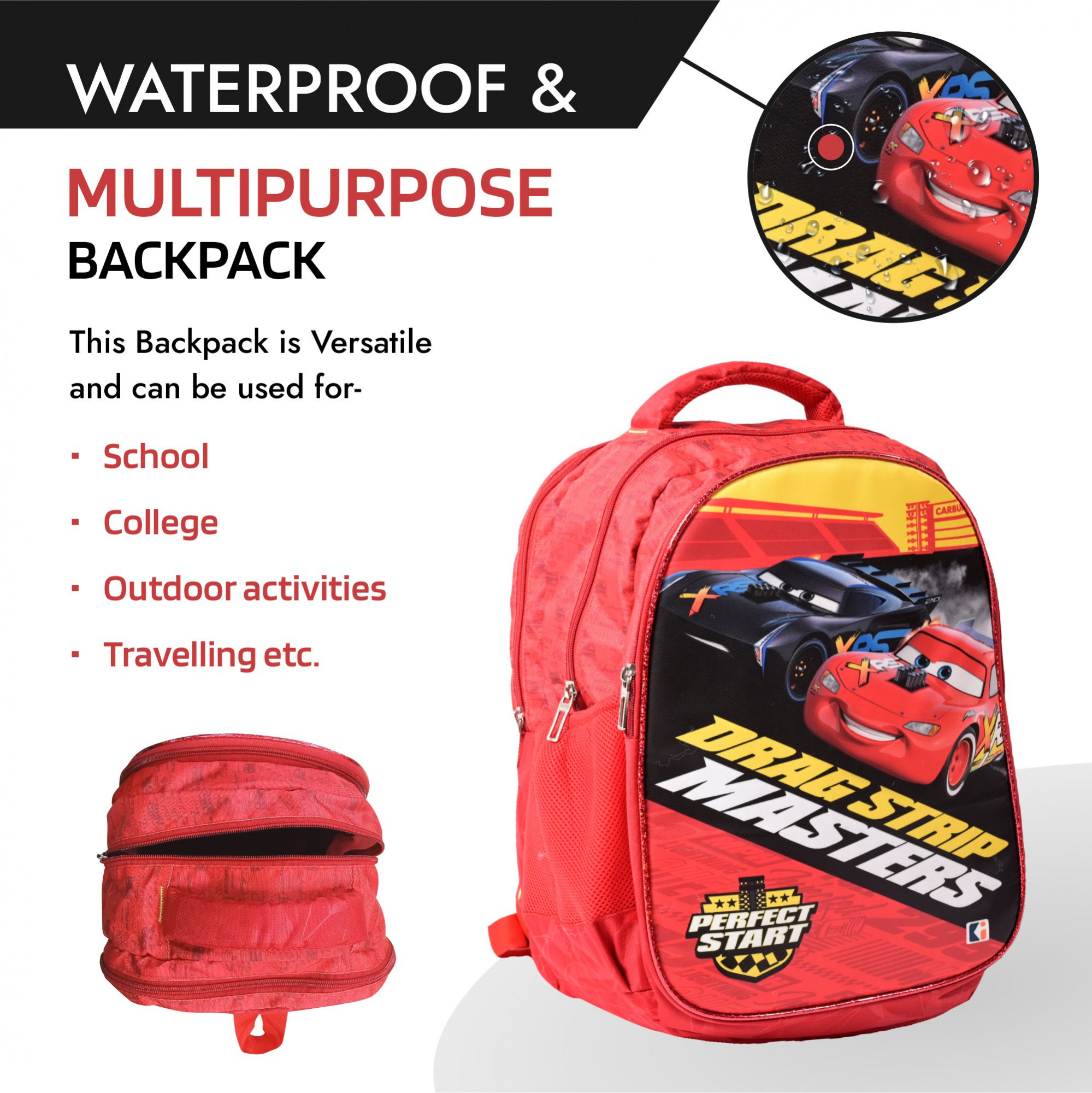 Kuber Industries School-College Bag  Disney Car Backpack for Boys and Girls  4 Compartment Travel Backpack  Water Resistant Bookbag  Bag for Daily Routine  Kids School Bag  Red