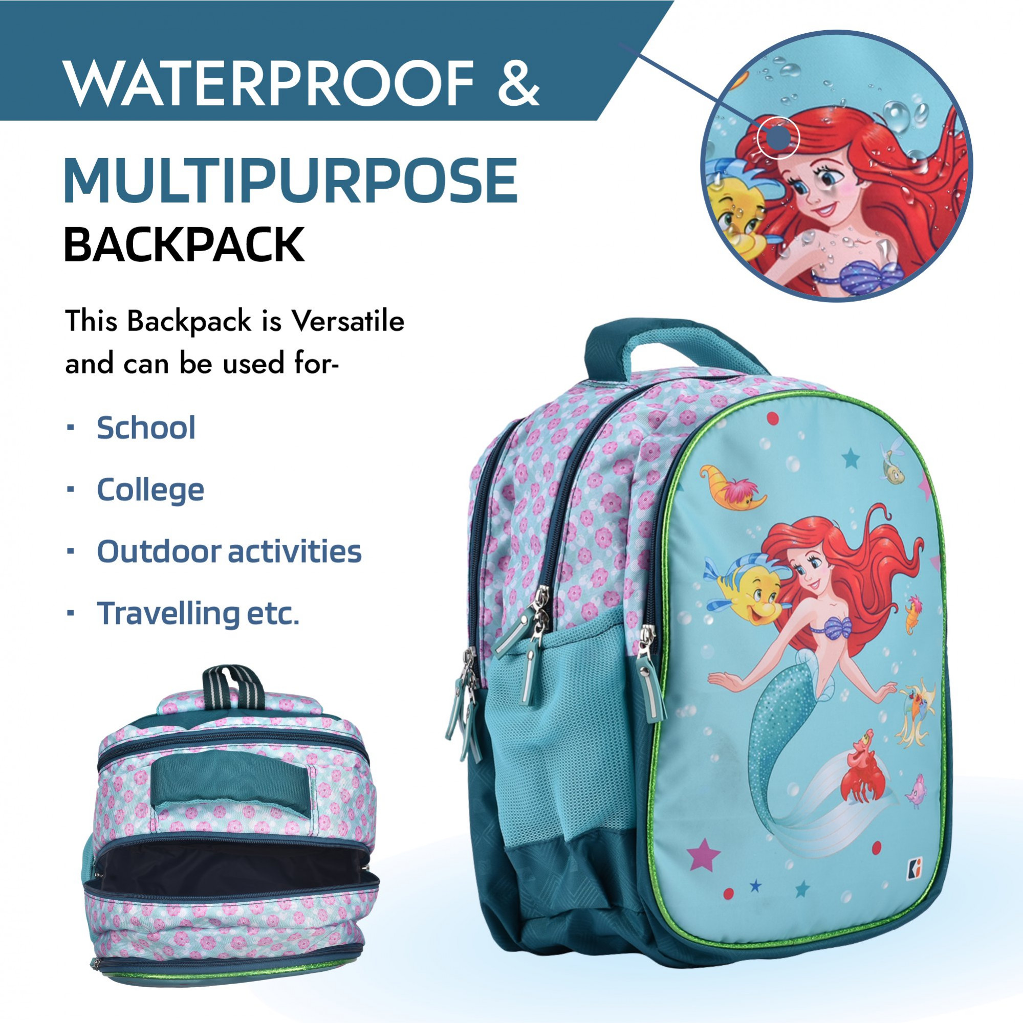 Kuber Industries School-College Bag  Disney Mermaid Backpack for Boys and Girls  4 Compartment Travel Backpack  Water Resistant Bookbag  Bag for Daily Routine  Kids School Bag  Green