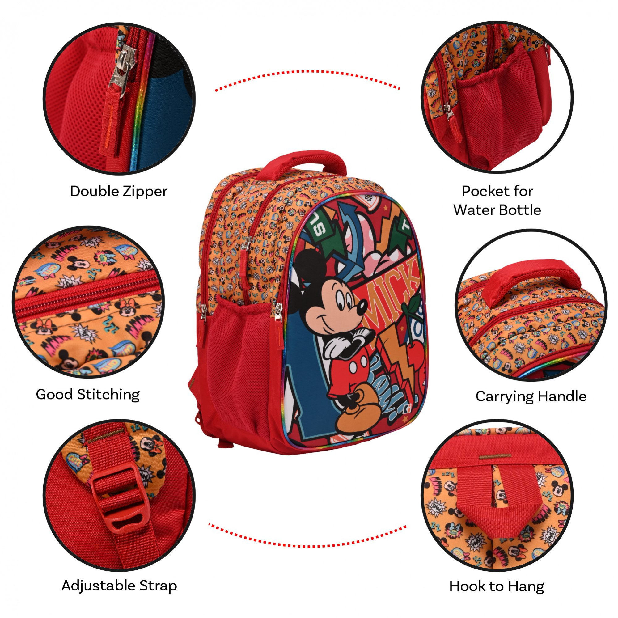 Kuber Industries School-College Bag  Disney Mickey Boy Backpack for Boys and Girls  4 Compartment Travel Backpack  Water Resistant Bookbag  Bag for Daily Routine  Laptop Bag  Large  Red