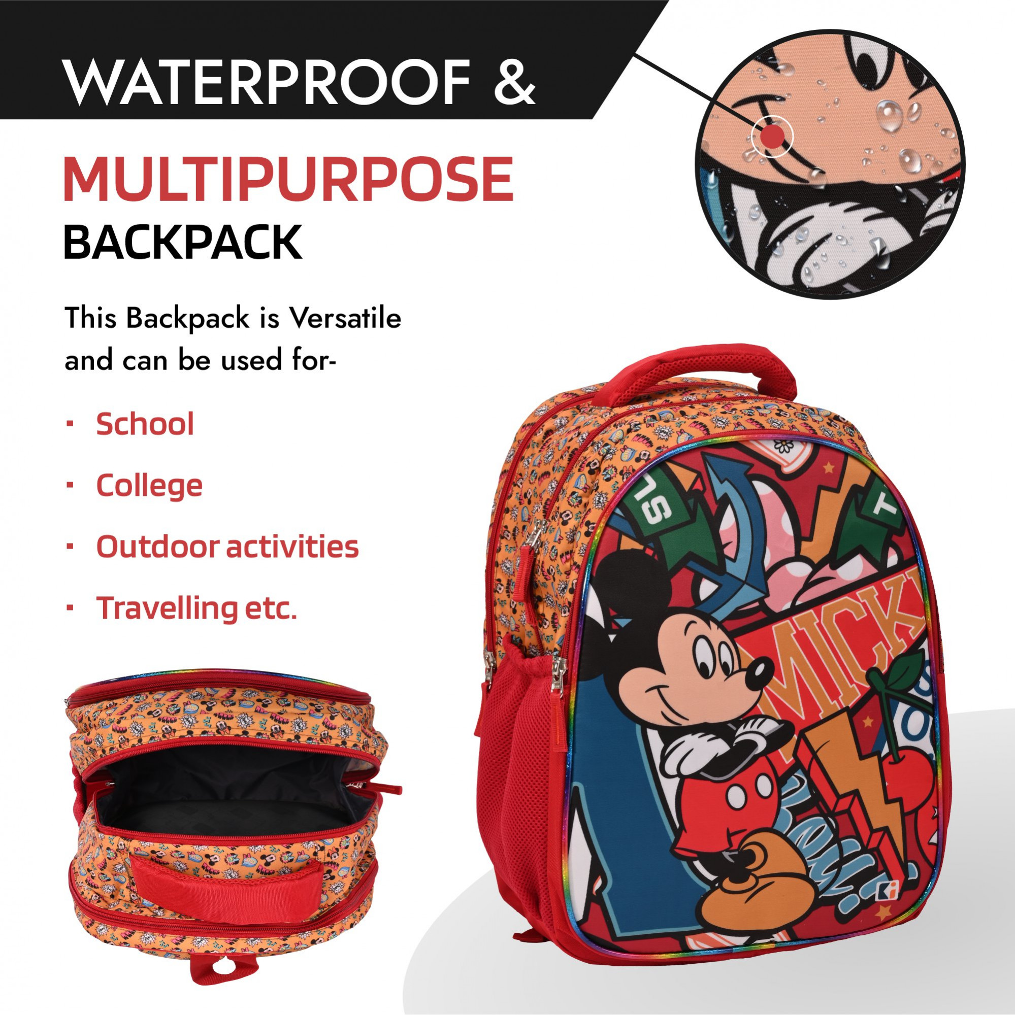 Kuber Industries School-College Bag  Disney Mickey Boy Backpack for Boys and Girls  4 Compartment Travel Backpack  Water Resistant Bookbag  Bag for Daily Routine  Laptop Bag  Large  Red