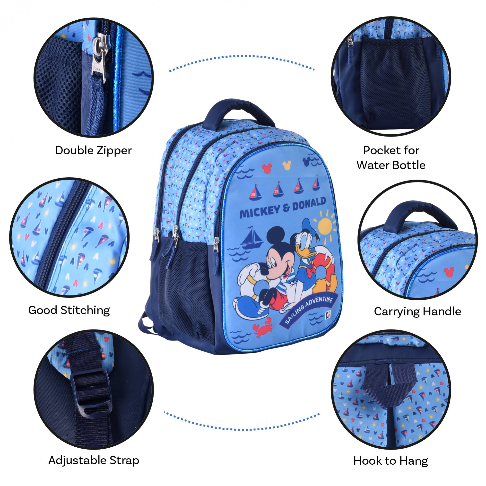 Kuber Industries School-College Bag  Disney Mickey Donald Backpack for Boys and Girls  4 Compartment Travel Backpack  Water Resistant Bookbag  Bag for Daily Routine  Laptop Bag  Large  Blue