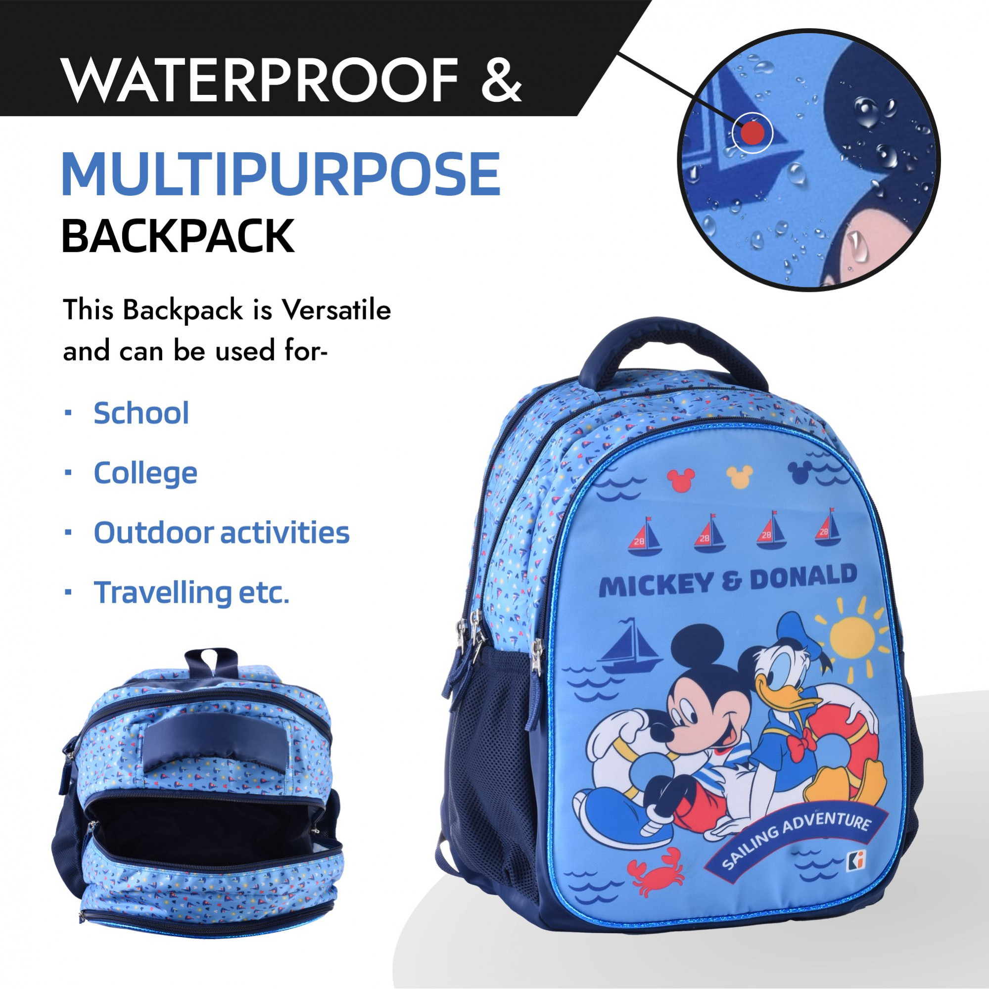 Kuber Industries School-College Bag  Disney Mickey Donald Backpack for Boys and Girls  4 Compartment Travel Backpack  Water Resistant Bookbag  Bag for Daily Routine  Laptop Bag  Large  Blue