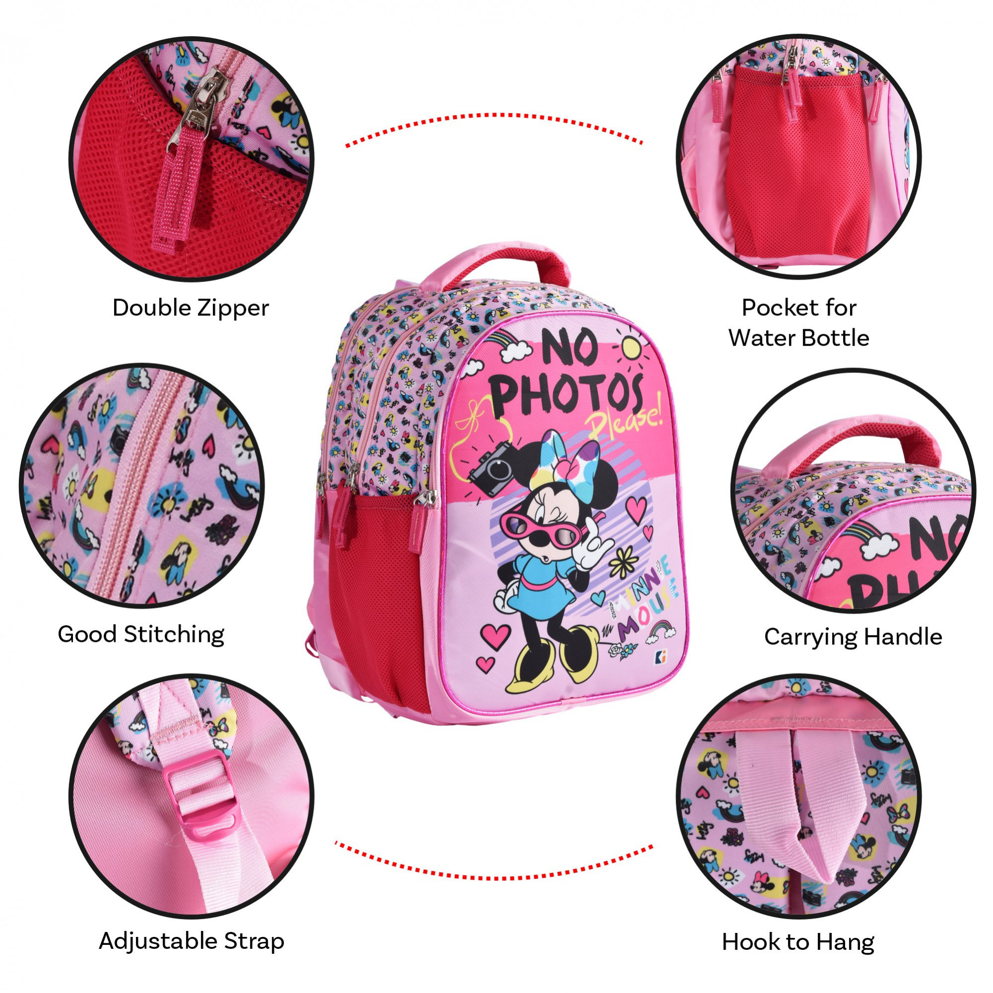 Kuber Industries School-College Bag  Disney Minnie No Photos Backpack for Boys and Girls  4 Compartment Travel Backpack  Water Resistant Bookbag for Daily Routine  Laptop Bag  Large  Pink