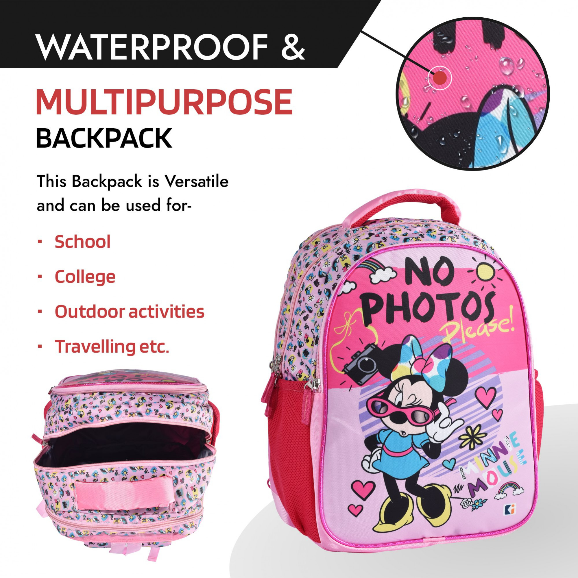Kuber Industries School-College Bag  Disney Minnie No Photos Backpack for Boys and Girls  4 Compartment Travel Backpack  Water Resistant Bookbag for Daily Routine  Laptop Bag  Large  Pink