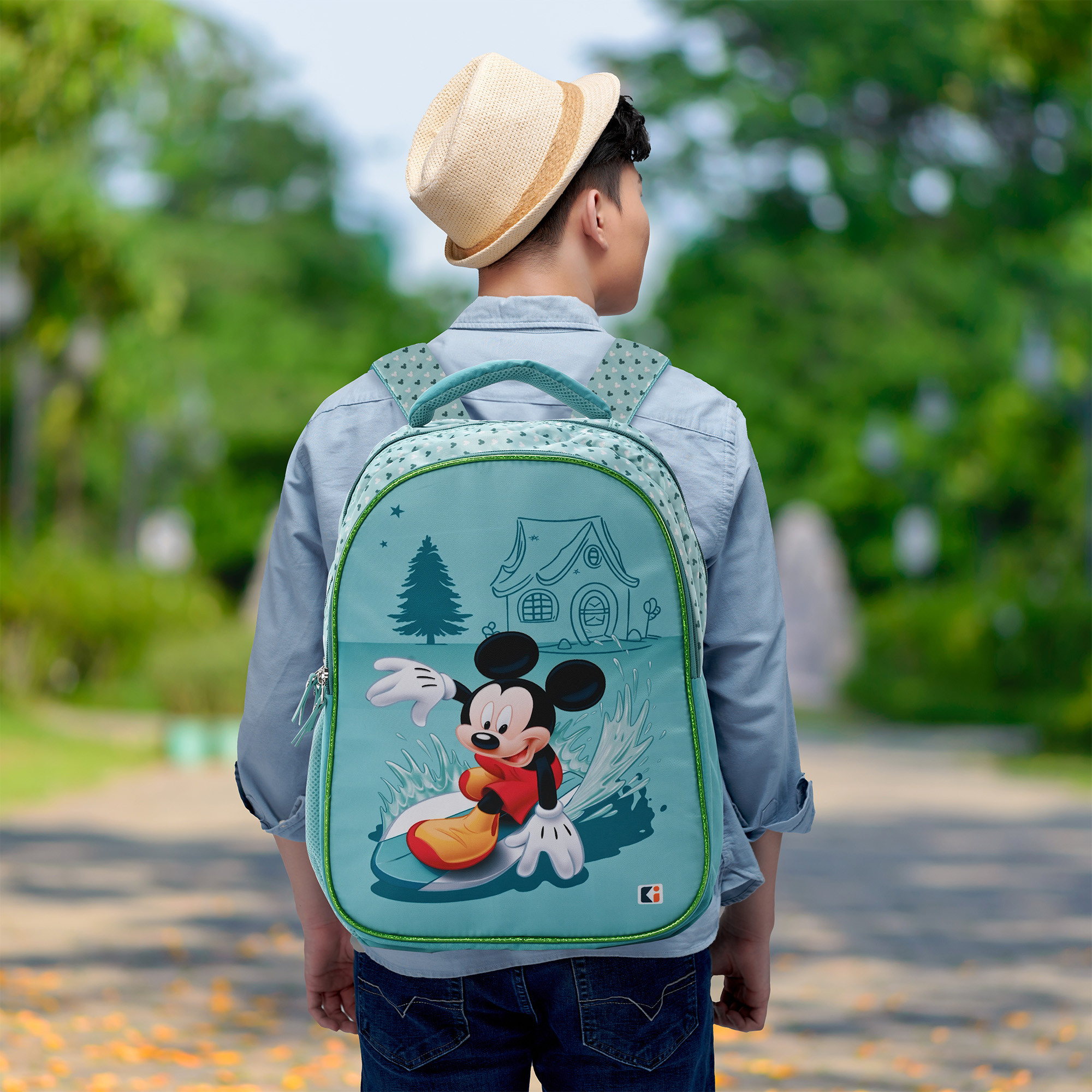 Kuber Industries School-College Bag  Disney Surf Mickey Backpack for Boys and Girls  4 Compartment Backpack for Travel  Water Resistant Bookbag  Bag for Daily Routine  Large  Sea Green