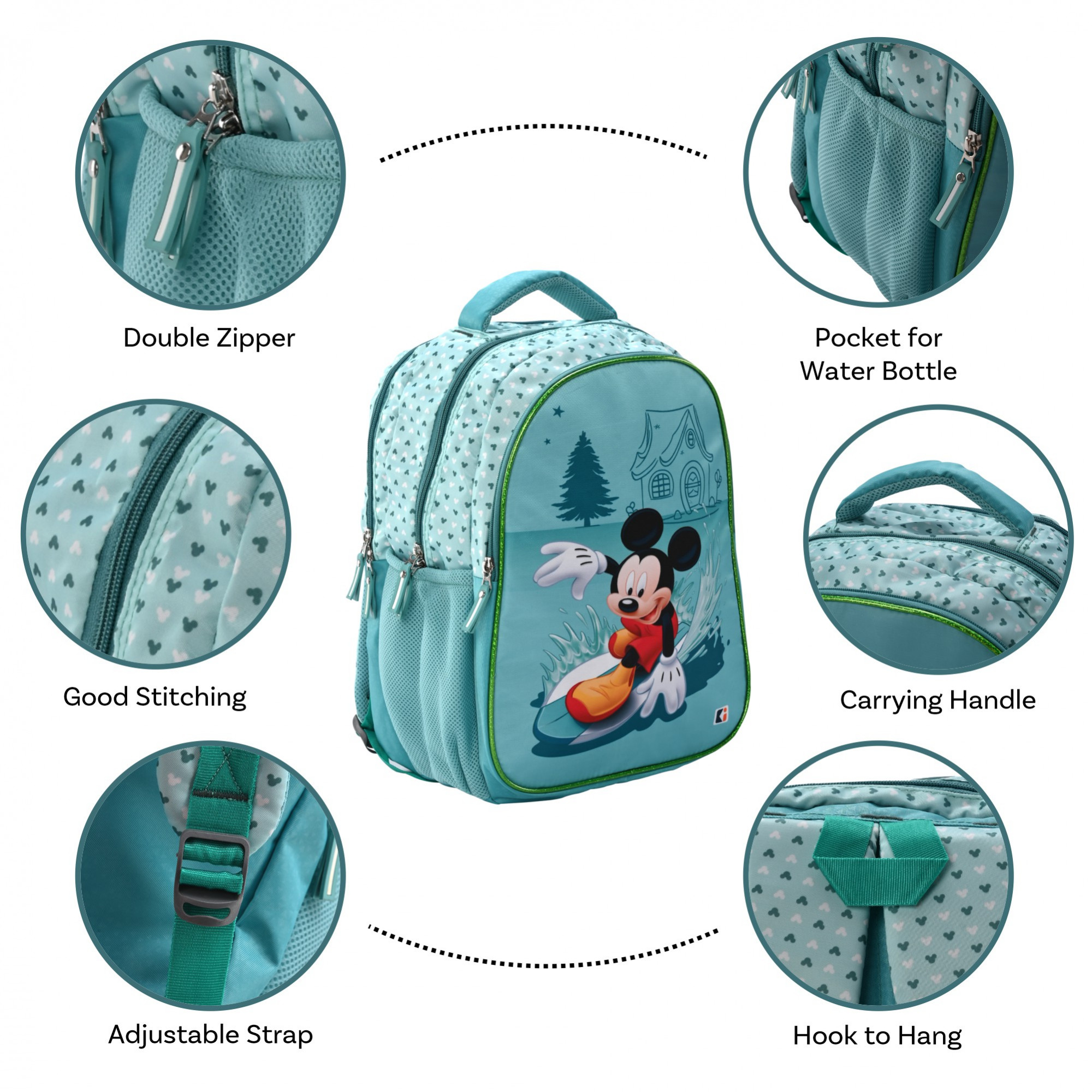 Kuber Industries School-College Bag  Disney Surf Mickey Backpack for Boys and Girls  4 Compartment Backpack for Travel  Water Resistant Bookbag  Bag for Daily Routine  Large  Sea Green