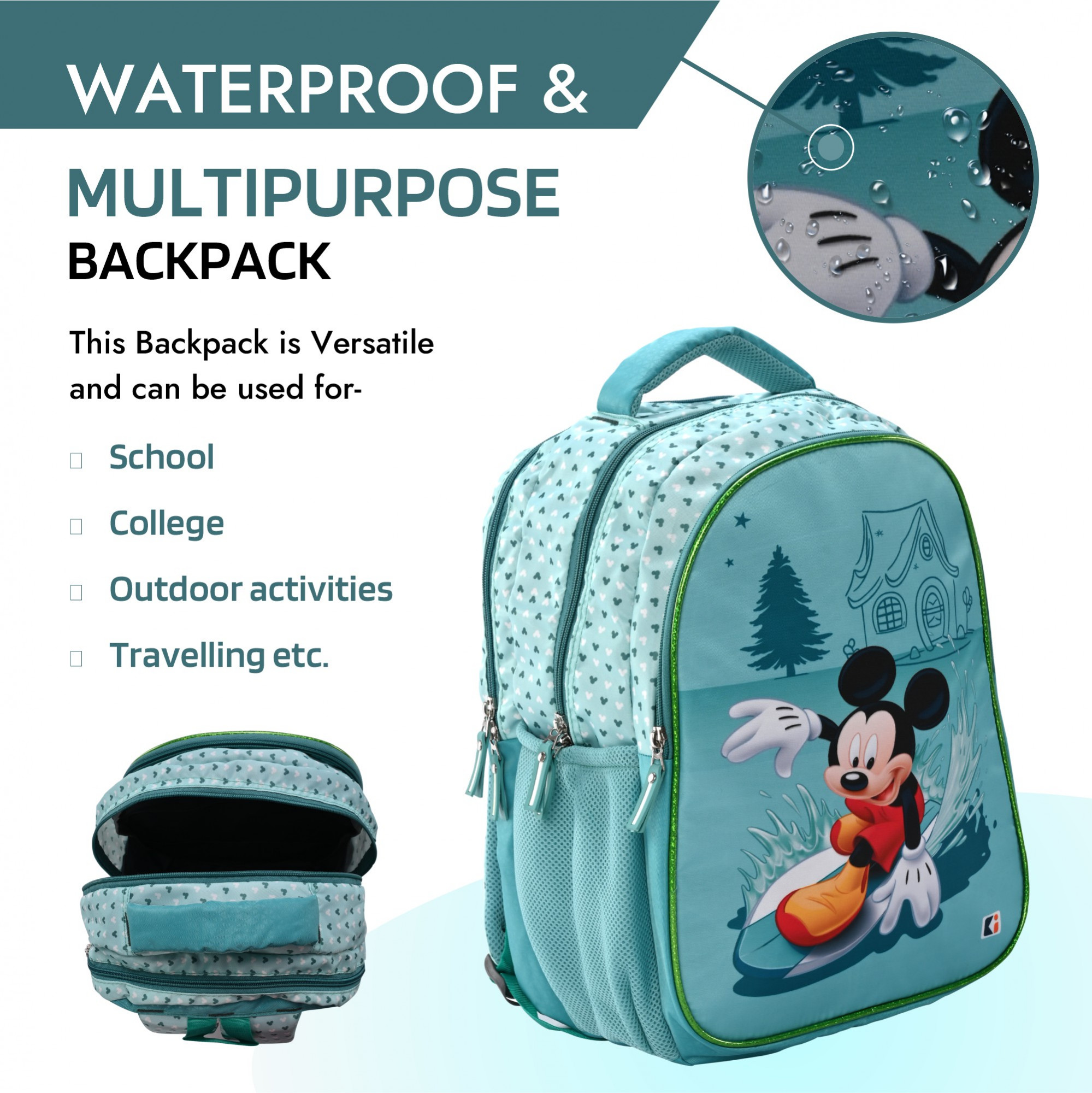Kuber Industries School-College Bag  Disney Surf Mickey Backpack for Boys and Girls  4 Compartment Backpack for Travel  Water Resistant Bookbag  Bag for Daily Routine  Large  Sea Green