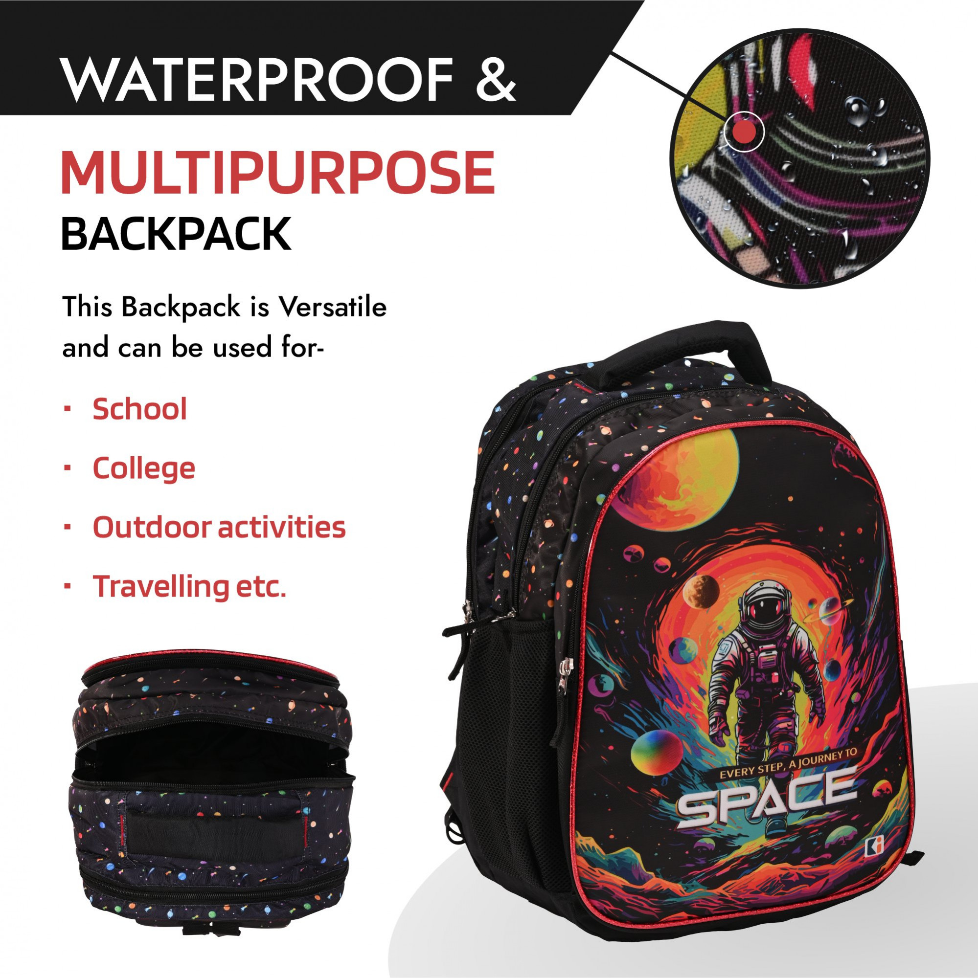 Kuber Industries School-College Bag  Journey To Space Backpack for Boys and Girls  4 Compartment Travel Backpack  Water Resistant Bookbag  Bag for Daily Routine  Laptop Bag  Large  Black