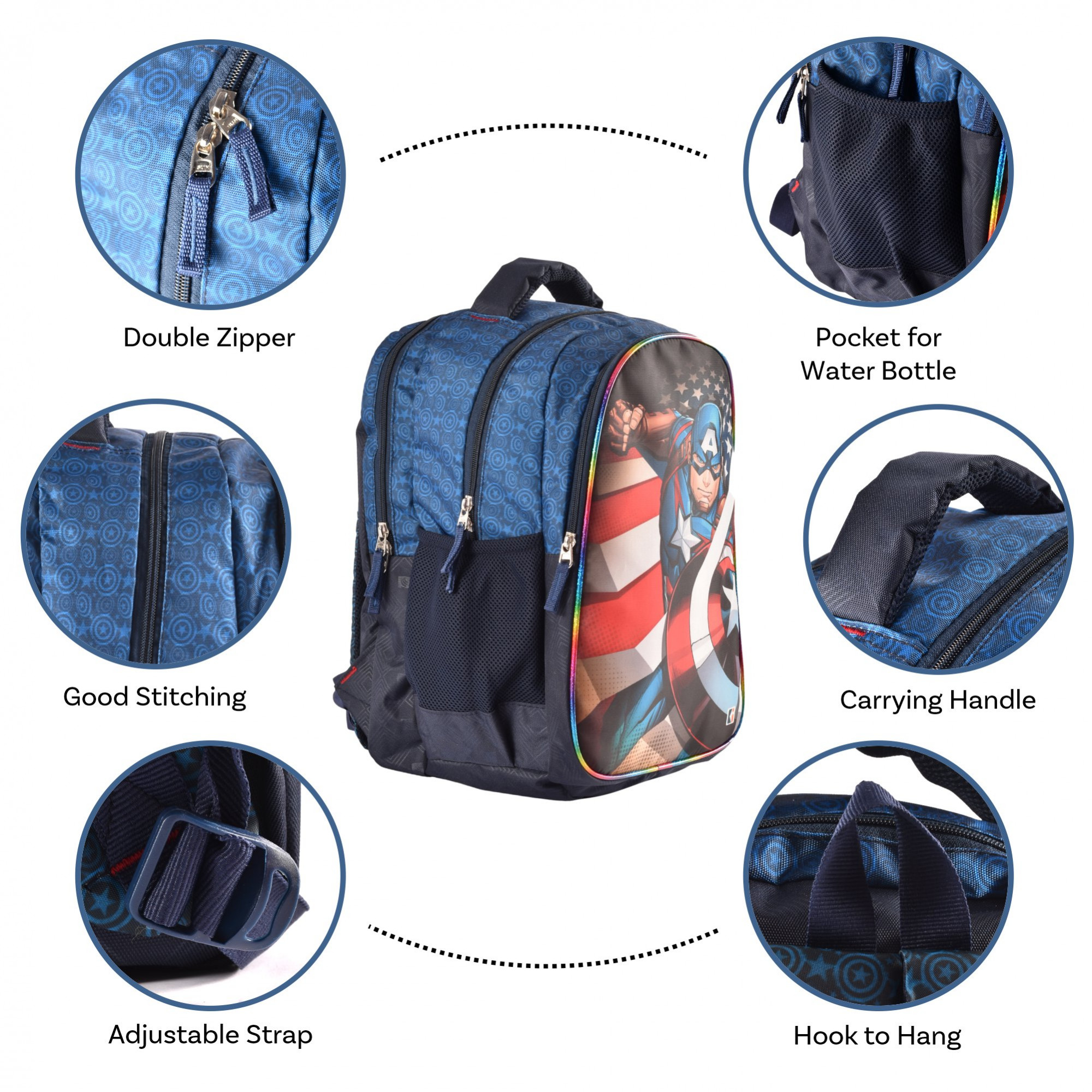 Kuber Industries School-College Bag  Marvel Captain America Backpack for Boys and Girls  4 Compartment Travel Backpack  Water Resistant Bookbag  Bag for Daily Routine  Kids School Bag  Blue