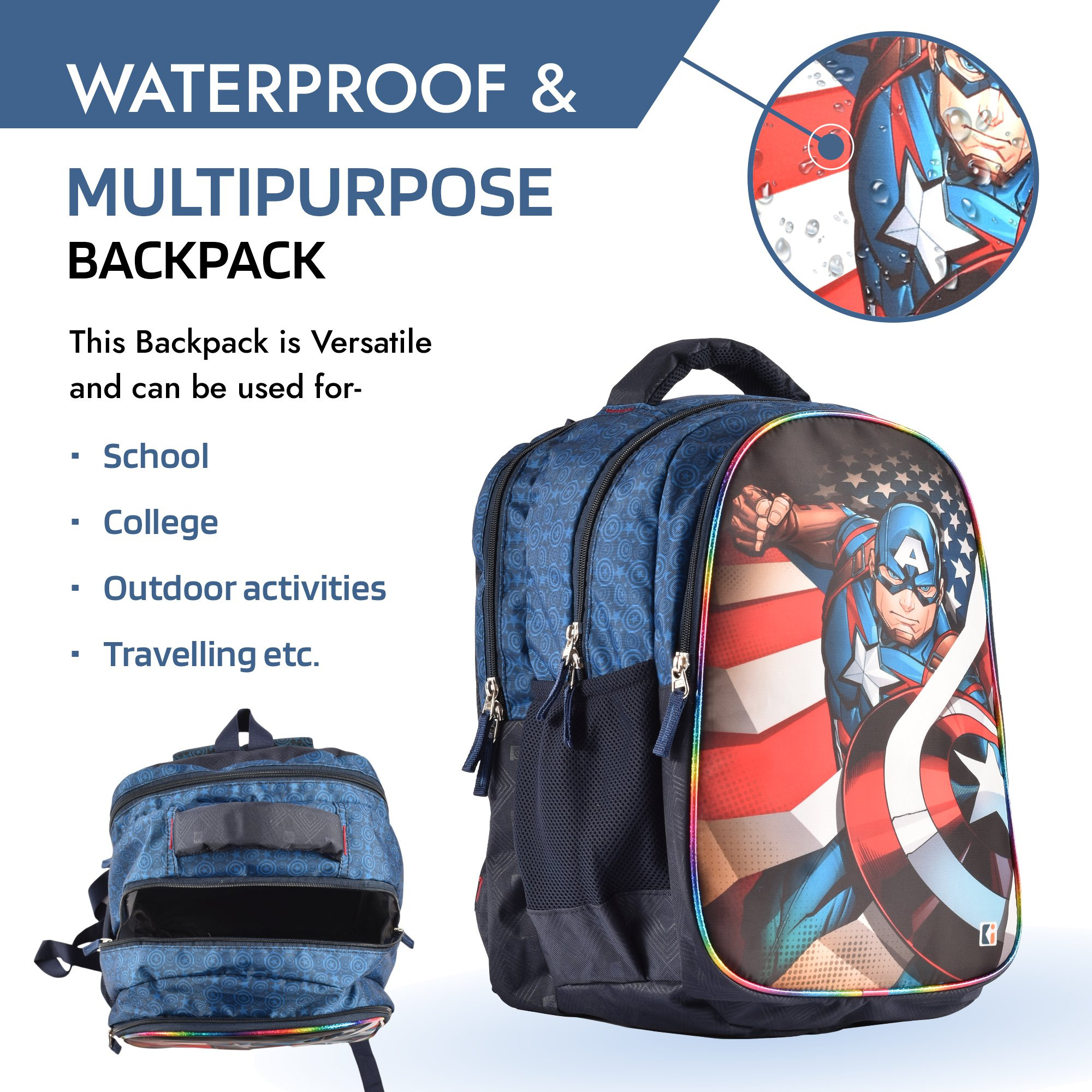 Kuber Industries School-College Bag  Marvel Captain America Backpack for Boys and Girls  4 Compartment Travel Backpack  Water Resistant Bookbag  Bag for Daily Routine  Kids School Bag  Blue