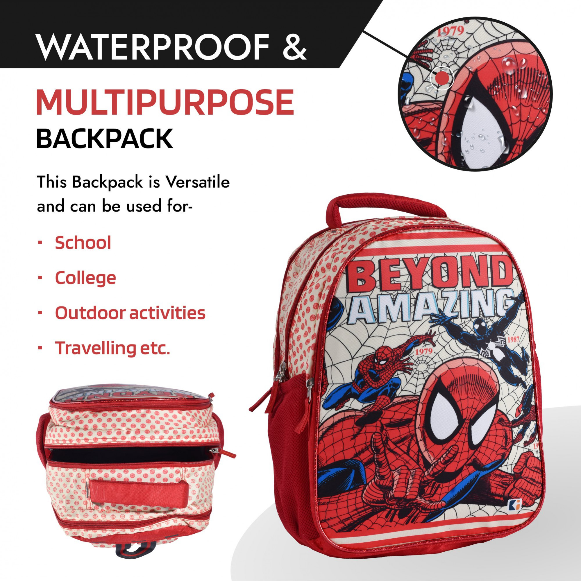 Kuber Industries School-College Bag  Marvel Spiderman Amazing Backpack for Boys and Girls  4 Compartment Travel Backpack  Water Resistant Bookbag for Daily Routine  Laptop Bag  Large  Cream