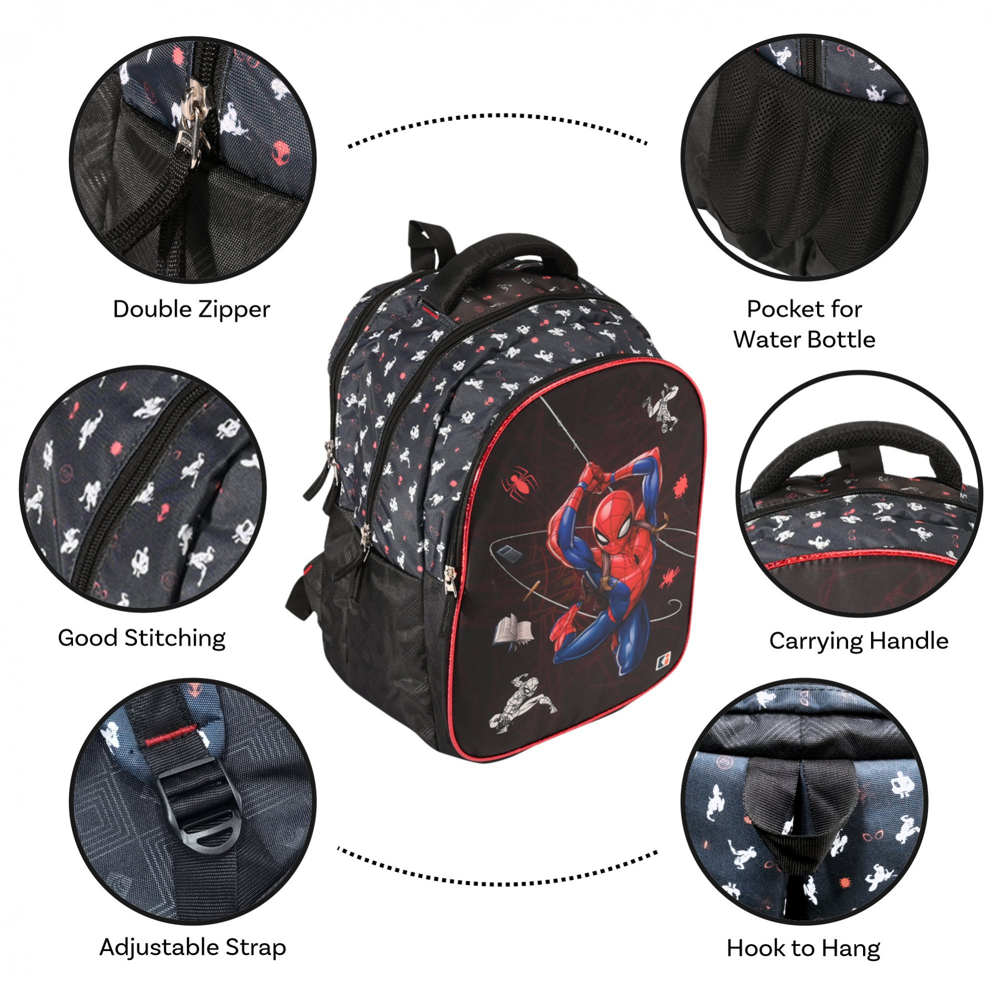 Kuber Industries School-College Bag  Marvel Spiderman Backpack for Boys and Girls  4 Compartment Travel Backpack  Water Resistant Bookbag  Bag for Daily Routine  Kids School Bag  Black