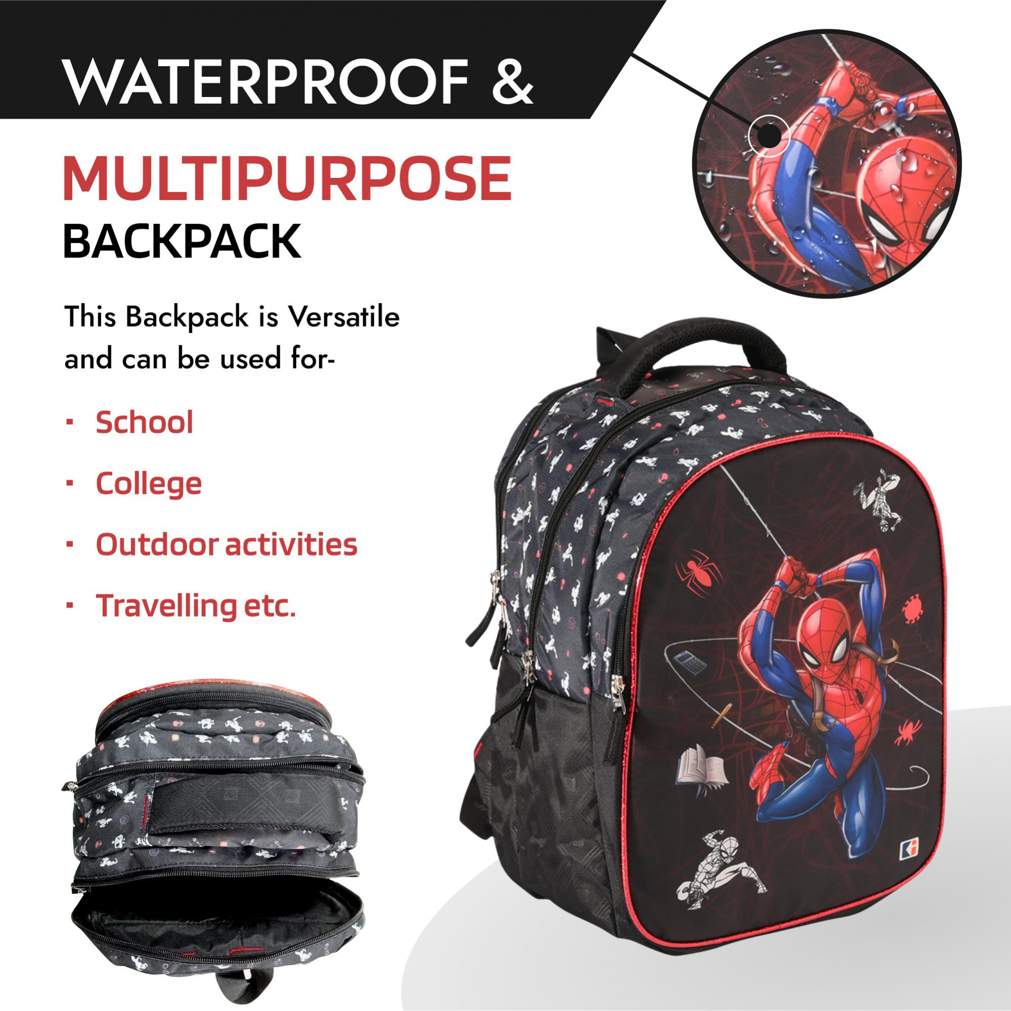 Kuber Industries School-College Bag  Marvel Spiderman Backpack for Boys and Girls  4 Compartment Travel Backpack  Water Resistant Bookbag  Bag for Daily Routine  Kids School Bag  Black