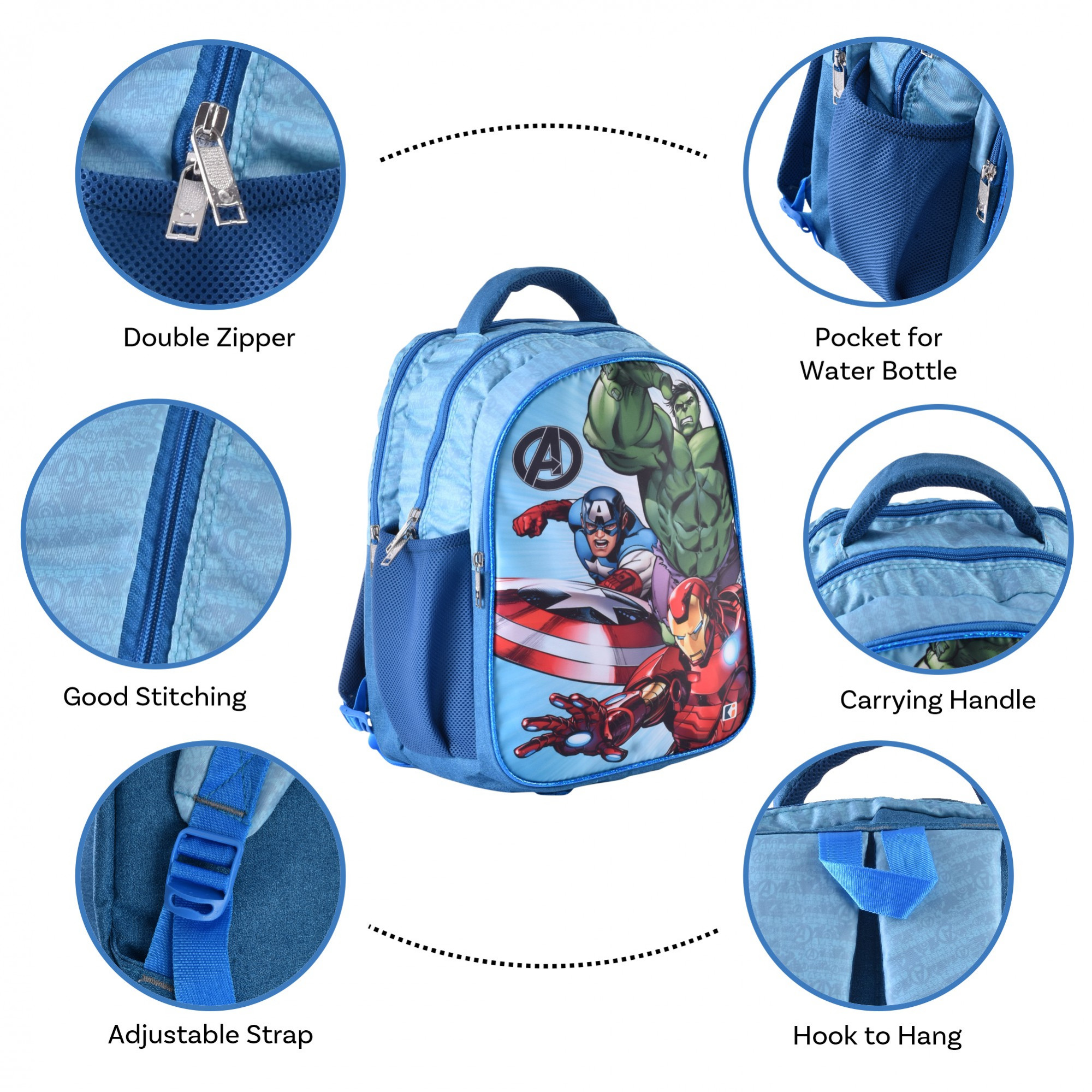 Kuber Industries School-College Bag  Marvel Team Avengers Backpack for Boys and Girls  4 Compartment Backpack for Travel  Water Resistant Bookbag  Bag for Daily Routine  Large  Light Blue
