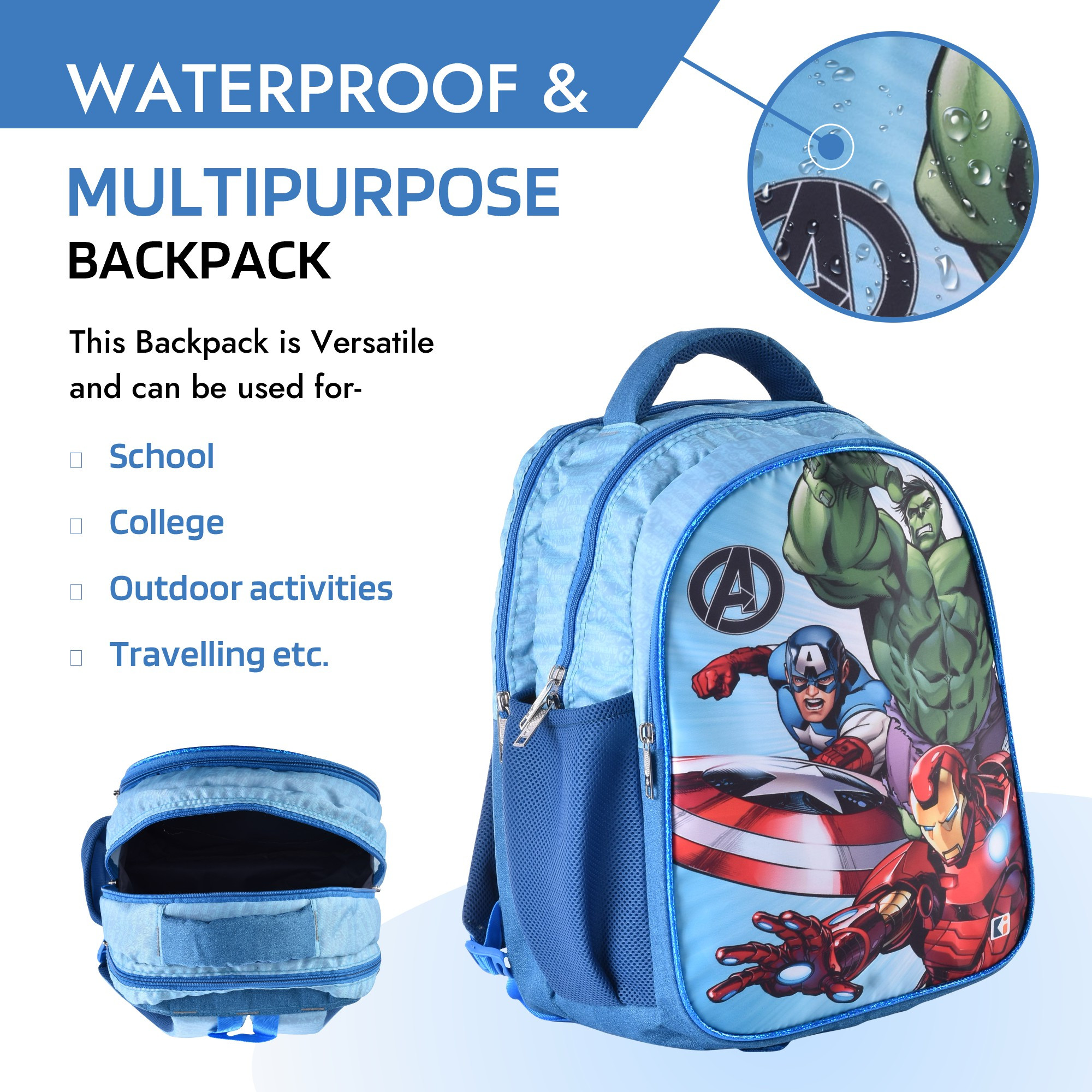 Kuber Industries School-College Bag  Marvel Team Avengers Backpack for Boys and Girls  4 Compartment Backpack for Travel  Water Resistant Bookbag  Bag for Daily Routine  Large  Light Blue