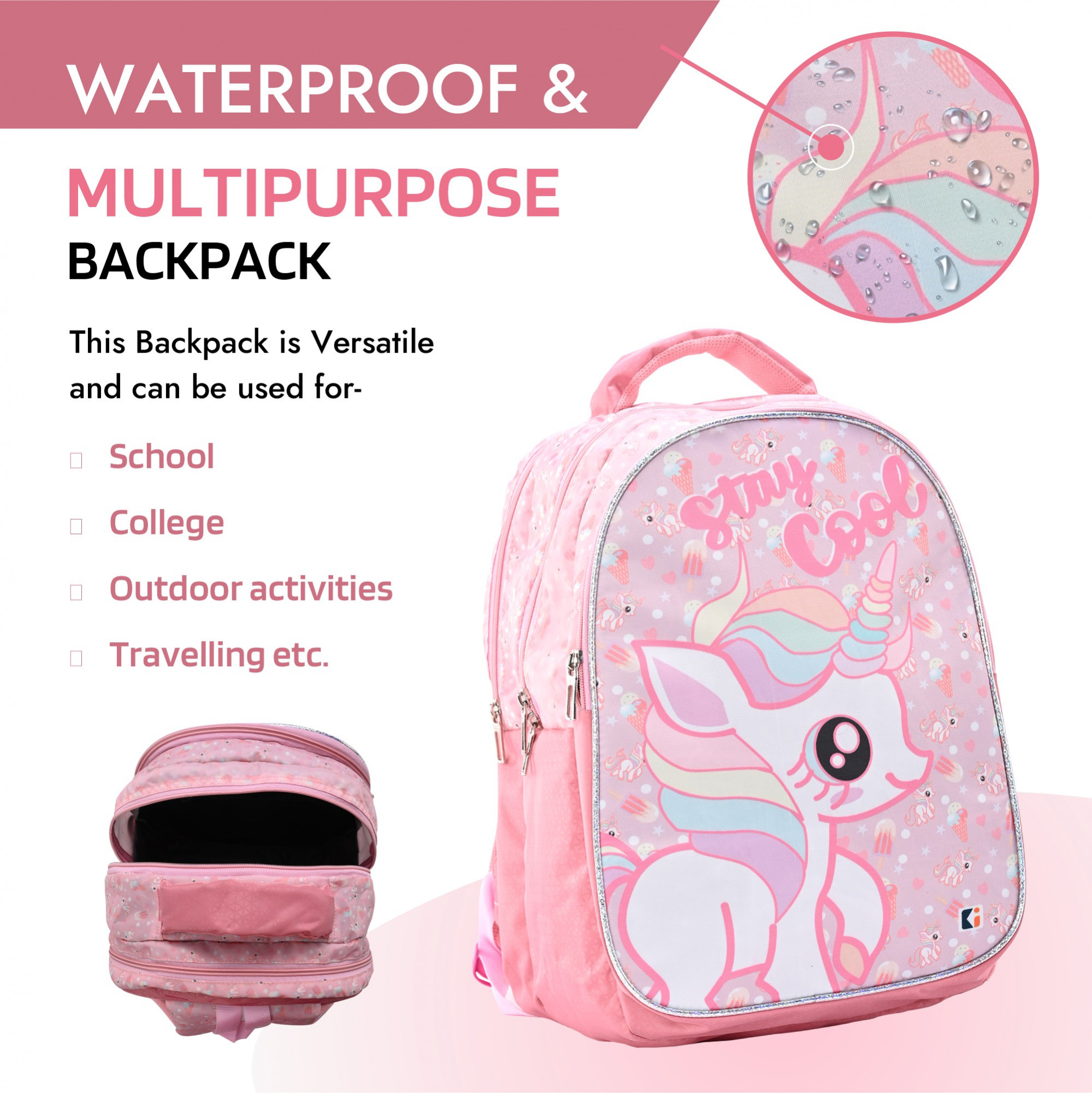 Kuber Industries School-College Bag  Stay Cool Single Unicorn Backpack for Boys and Girls  4 Compartment Backpack for Travel  Water Resistant Bookbag  Bag for Daily Routine  Large  Pink
