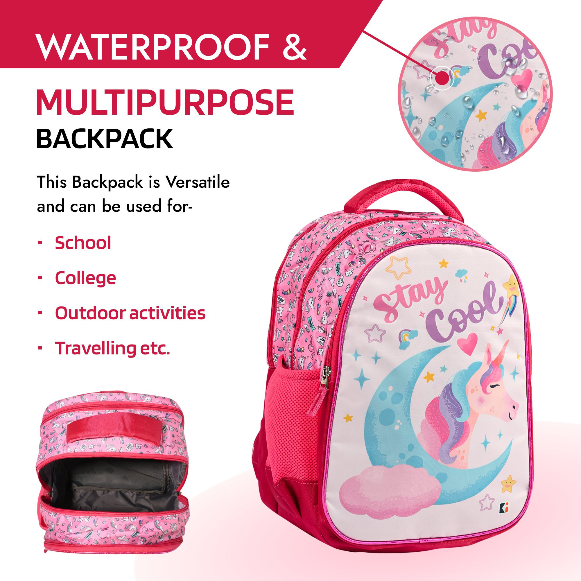 Kuber Industries School-College Bag  Unicorn Backpack for Boys and Girls  4 Compartment Travel Backpack  Water Resistant Bookbag  Bag for Daily Routine  Kids School Bags  Pink