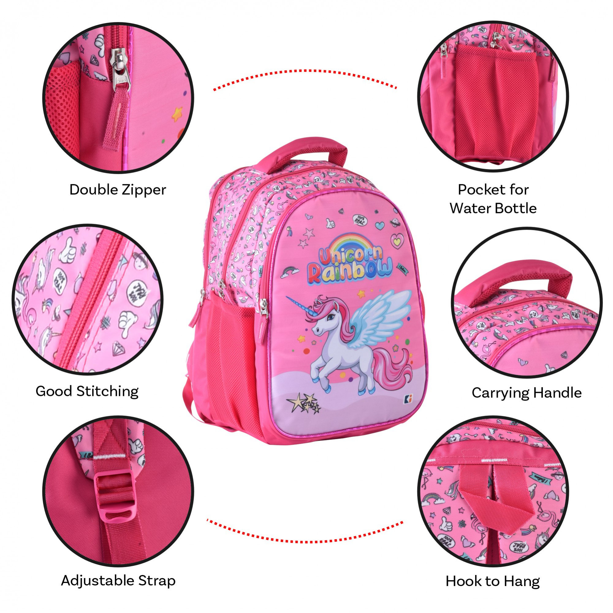 Kuber Industries School-College Bag  Unicorn Rainbow Backpack for Boys and Girls  4 Compartment Travel Backpack  Water Resistant Bookbag  Bag for Daily Routine  Laptop Bag  Large  Pink