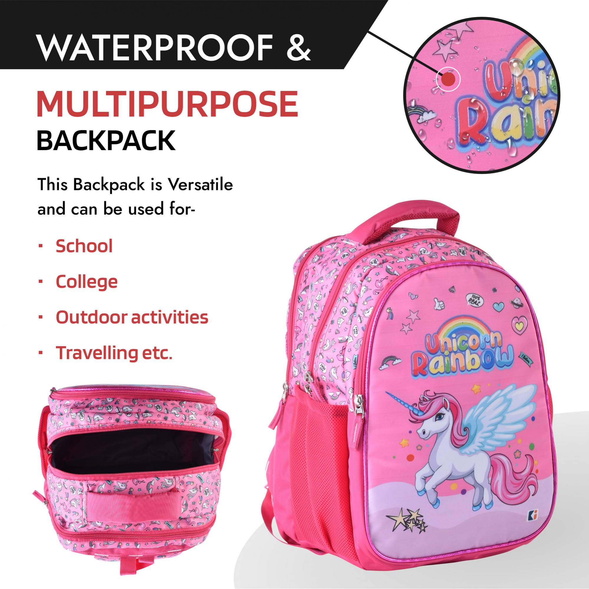 Kuber Industries School-College Bag  Unicorn Rainbow Backpack for Boys and Girls  4 Compartment Travel Backpack  Water Resistant Bookbag  Bag for Daily Routine  Laptop Bag  Large  Pink