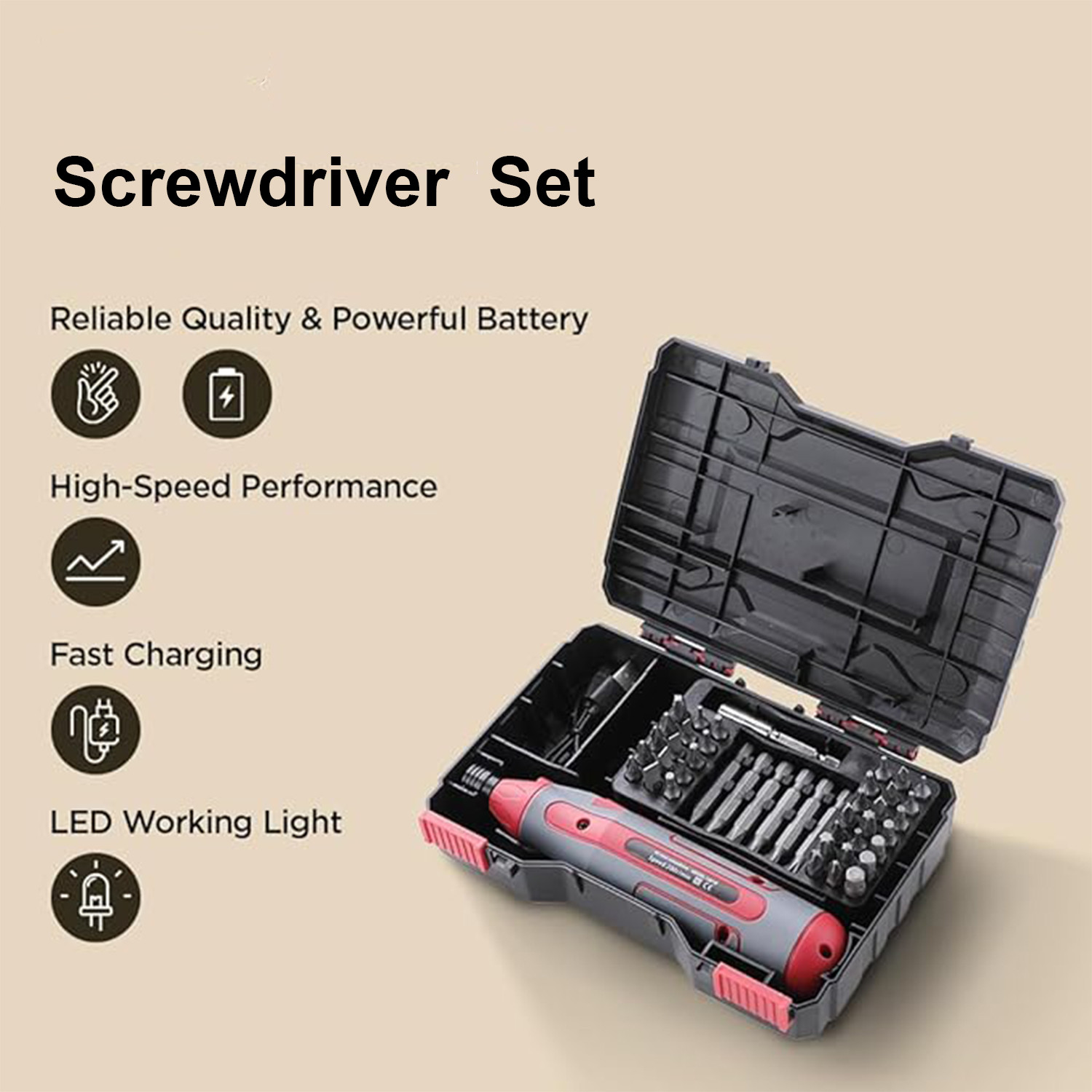 Kuber Industries Screwdriver Set | 43-Piece Cordless Screw Driver Tool Kit | Charging Cable and Case | Hand Tool Kit | Screwdriver Bit Set | LED Worklight | WS1001B | Black
