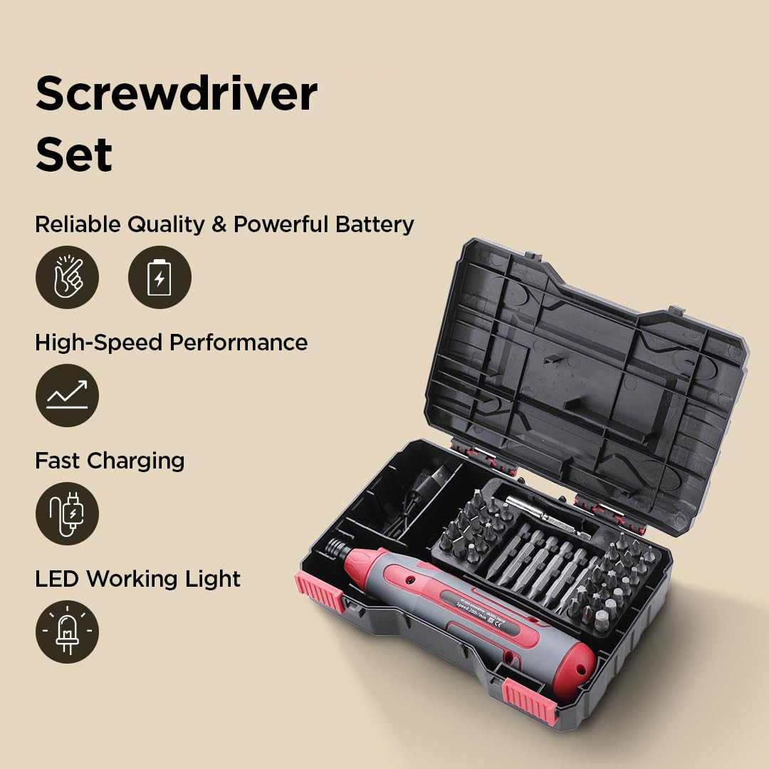 Kuber Industries Screwdriver Set | 43-Piece Cordless Screw Driver Tool Kit | Charging Cable and Case | Hand Tool Kit | Screwdriver Bit Set | LED Worklight | WS1001B | Black