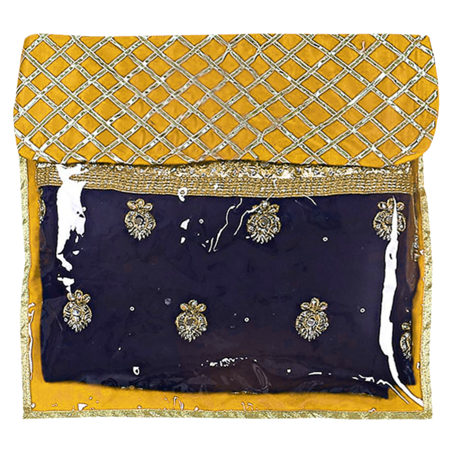 Kuber Industries Seamless lattice Design Satin Foldable, Lightweigth Single Saree Cover/Organiser For Wardrobe With Transparent Top-(Yellow)