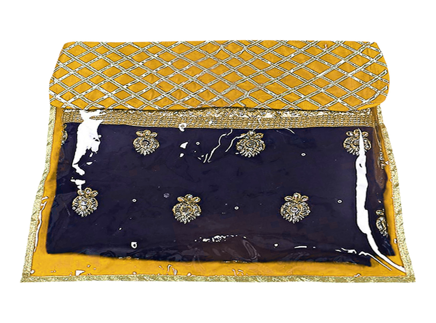 Kuber Industries Seamless lattice Design Satin Foldable, Lightweigth Single Saree Cover/Organiser For Wardrobe With Transparent Top-(Yellow)