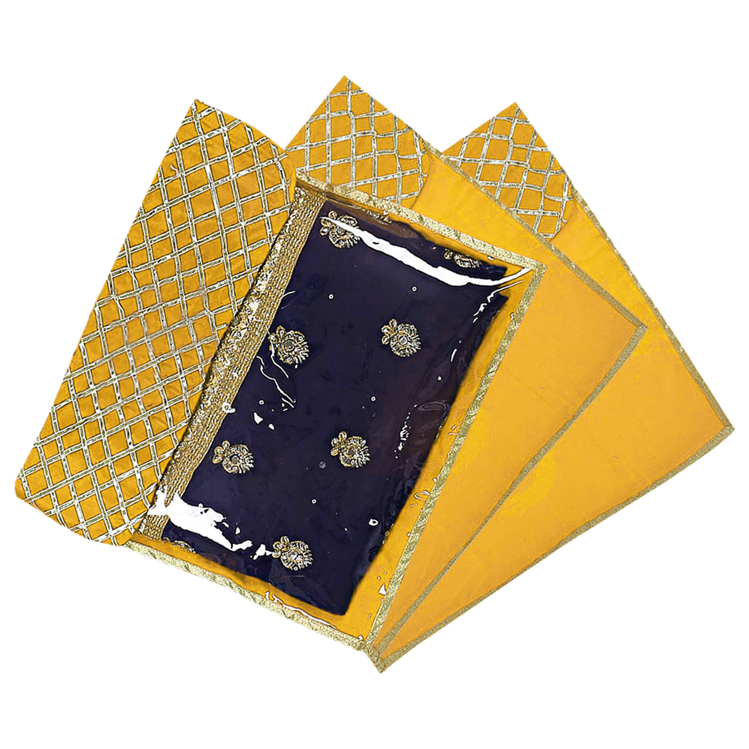 Kuber Industries Seamless lattice Design Satin Foldable, Lightweigth Single Saree Cover/Organiser For Wardrobe With Transparent Top-(Yellow)