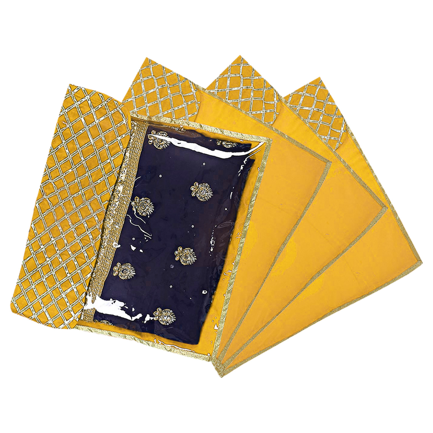 Kuber Industries Seamless lattice Design Satin Foldable, Lightweigth Single Saree Cover/Organiser For Wardrobe With Transparent Top-(Yellow)