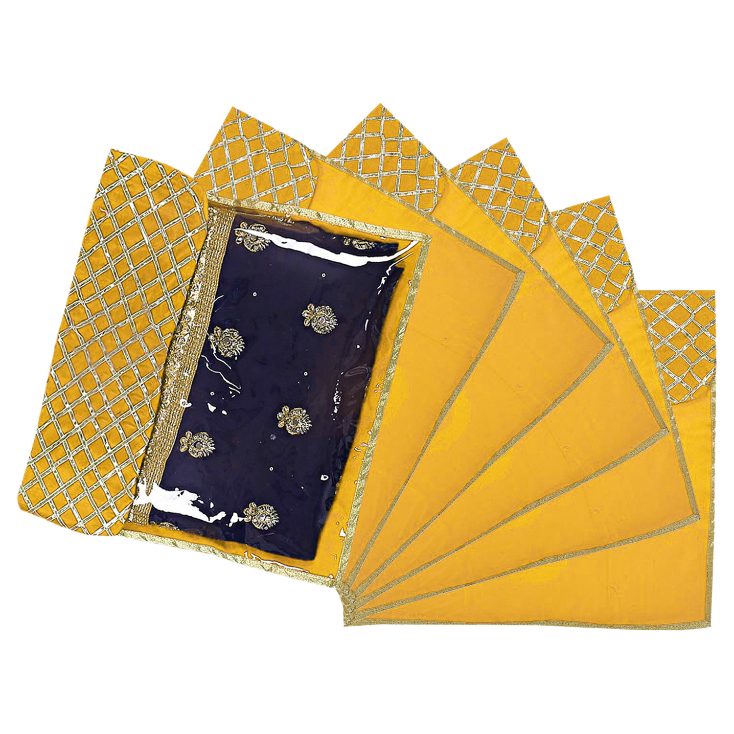 Kuber Industries Seamless lattice Design Satin Foldable, Lightweigth Single Saree Cover/Organiser For Wardrobe With Transparent Top-(Yellow)