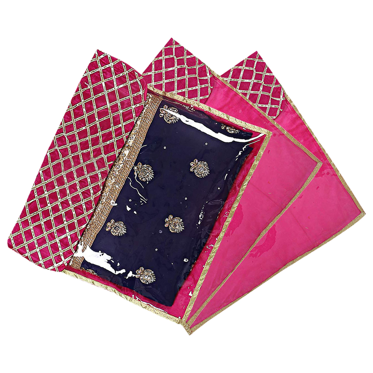 Kuber Industries Seamless lattice Design Satin Foldable, Lightweigth Single Saree Cover/Organiser For Wardrobe With Transparent Top-(Pink)