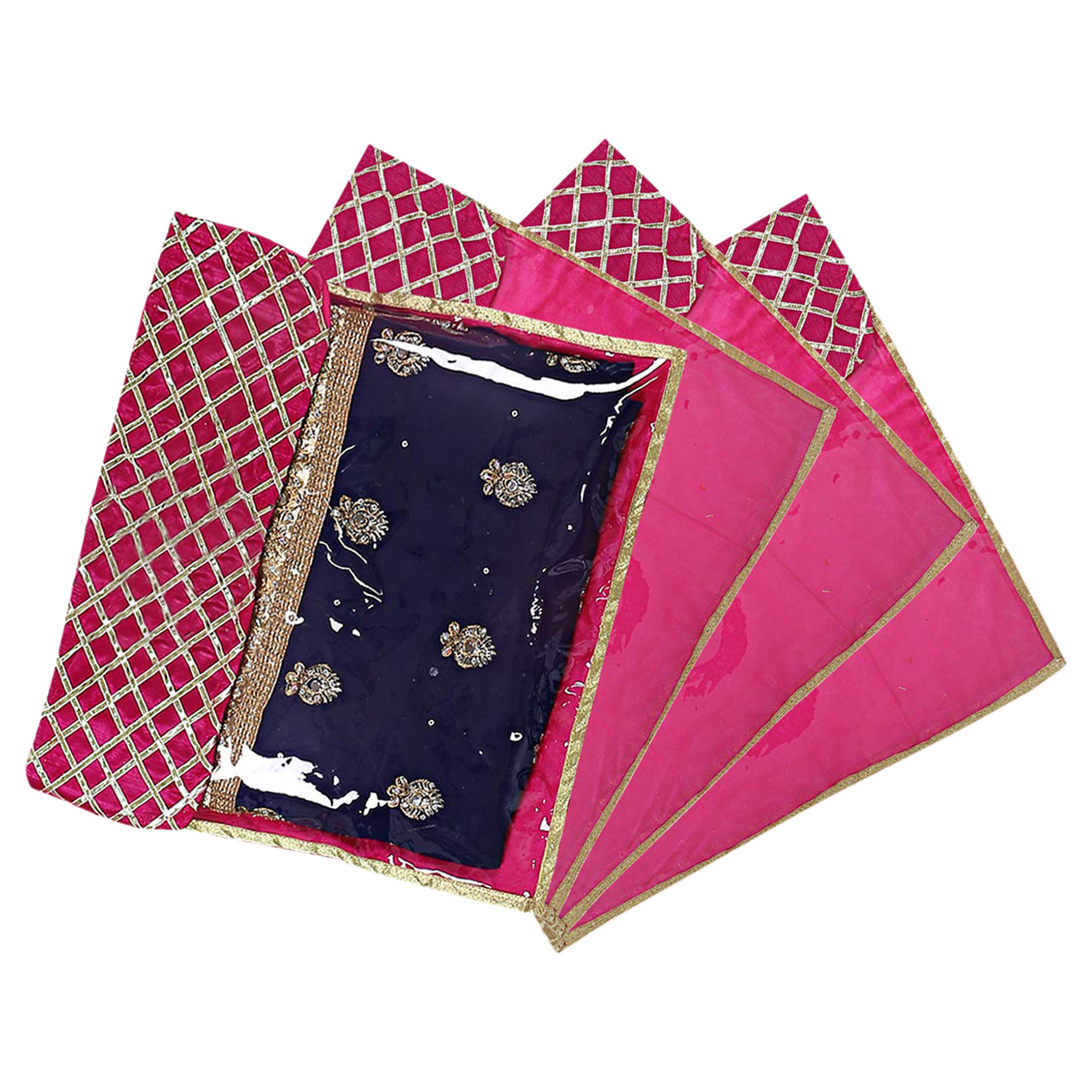 Kuber Industries Seamless lattice Design Satin Foldable, Lightweigth Single Saree Cover/Organiser For Wardrobe With Transparent Top-(Pink)