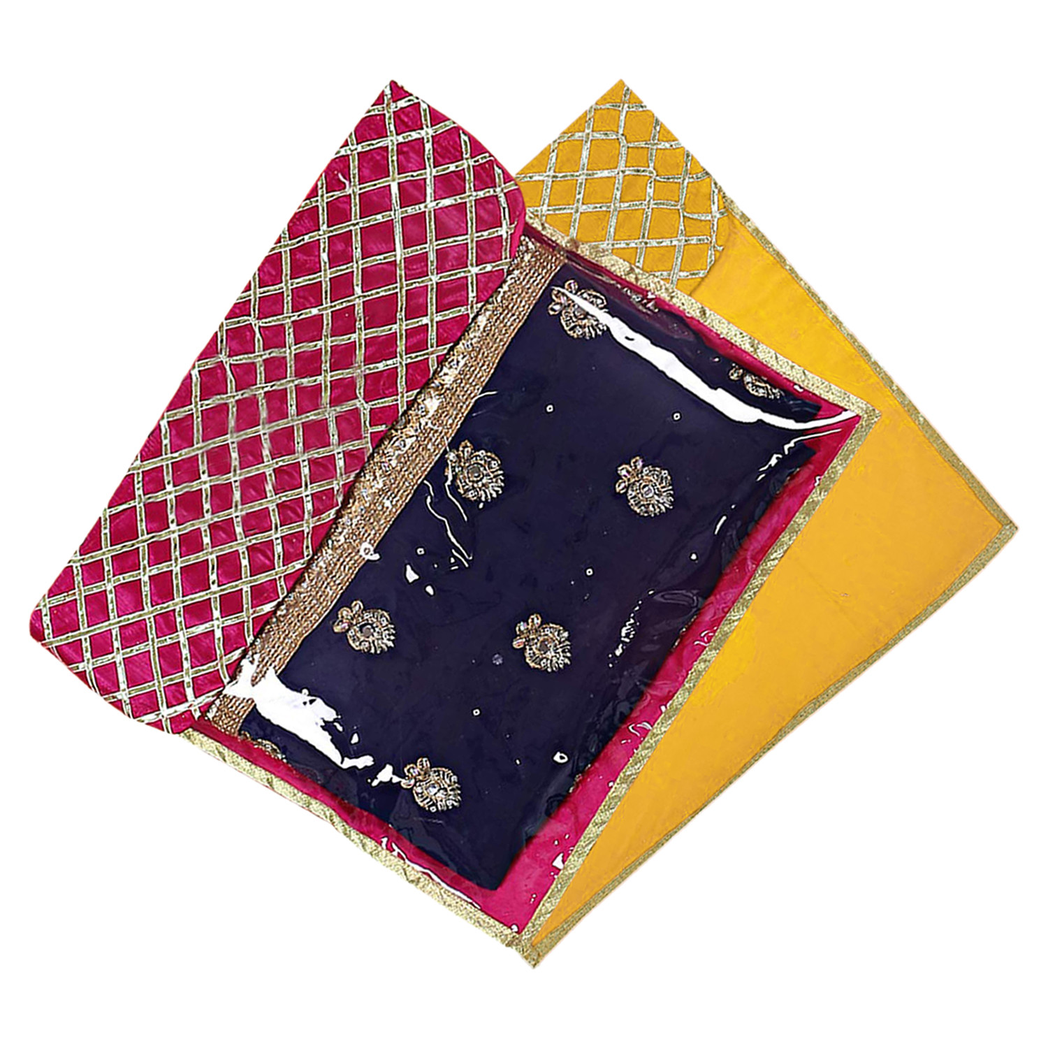 Kuber Industries Seamless lattice Design Satin Foldable, Lightweigth Single Saree Cover/Organiser For Wardrobe With Transparent Top-(Pink & Yellow)