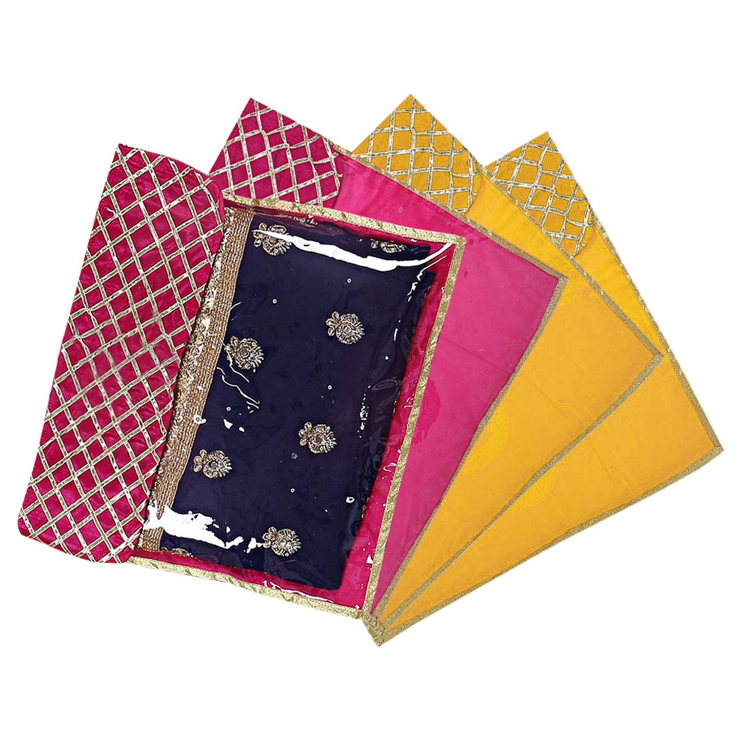 Kuber Industries Seamless lattice Design Satin Foldable, Lightweigth Single Saree Cover/Organiser For Wardrobe With Transparent Top-(Pink & Yellow)