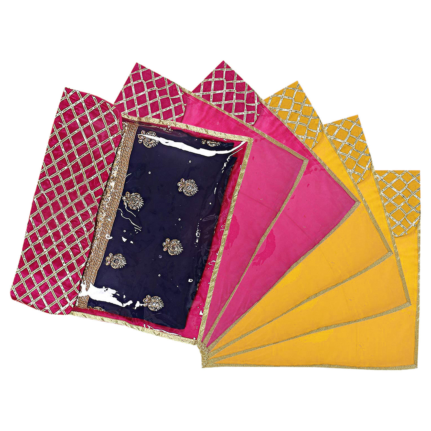 Kuber Industries Seamless lattice Design Satin Foldable, Lightweigth Single Saree Cover/Organiser For Wardrobe With Transparent Top-(Pink & Yellow)