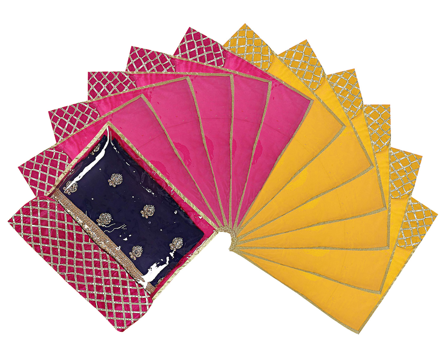 Kuber Industries Seamless lattice Design Satin Foldable, Lightweigth Single Saree Cover/Organiser For Wardrobe With Transparent Top-(Pink & Yellow)