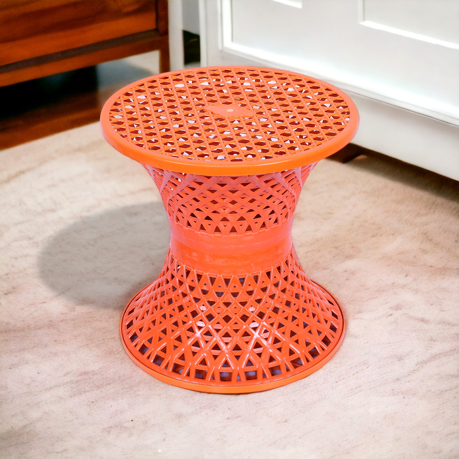 Kuber Industries Seating Stool  Plastic Mesh Damroo Stool  Both Sided Stool for Guestroom  Damroo Style Stool  Stool for Graden  Stool for Balcony  Red
