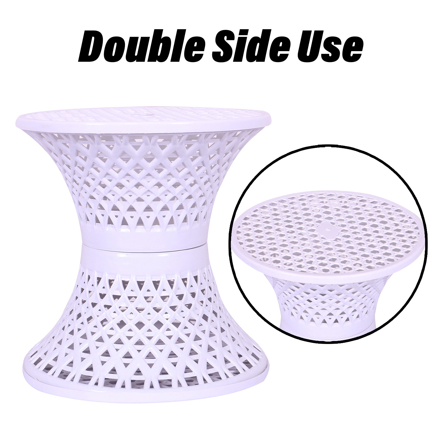 Kuber Industries Seating Stool  Plastic Mesh Damroo Stool  Both Sided Stool for Guestroom  Damroo Style Stool  Stool for Graden  Stool for Balcony  White