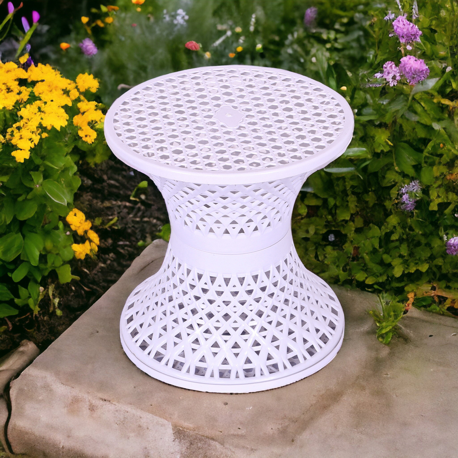 Kuber Industries Seating Stool  Plastic Mesh Damroo Stool  Both Sided Stool for Guestroom  Damroo Style Stool  Stool for Graden  Stool for Balcony  White