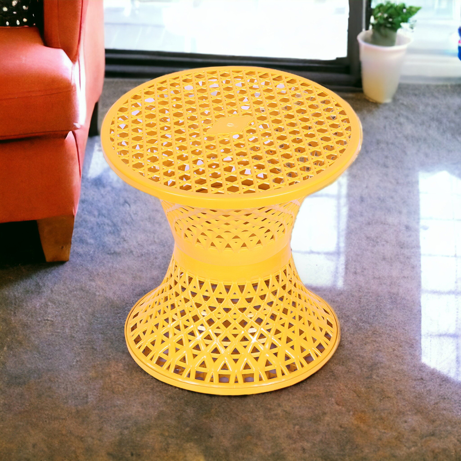 Kuber Industries Seating Stool  Plastic Mesh Damroo Stool  Both Sided Stool for Guestroom  Damroo Style Stool  Stool for Graden  Stool for Balcony  Yellow