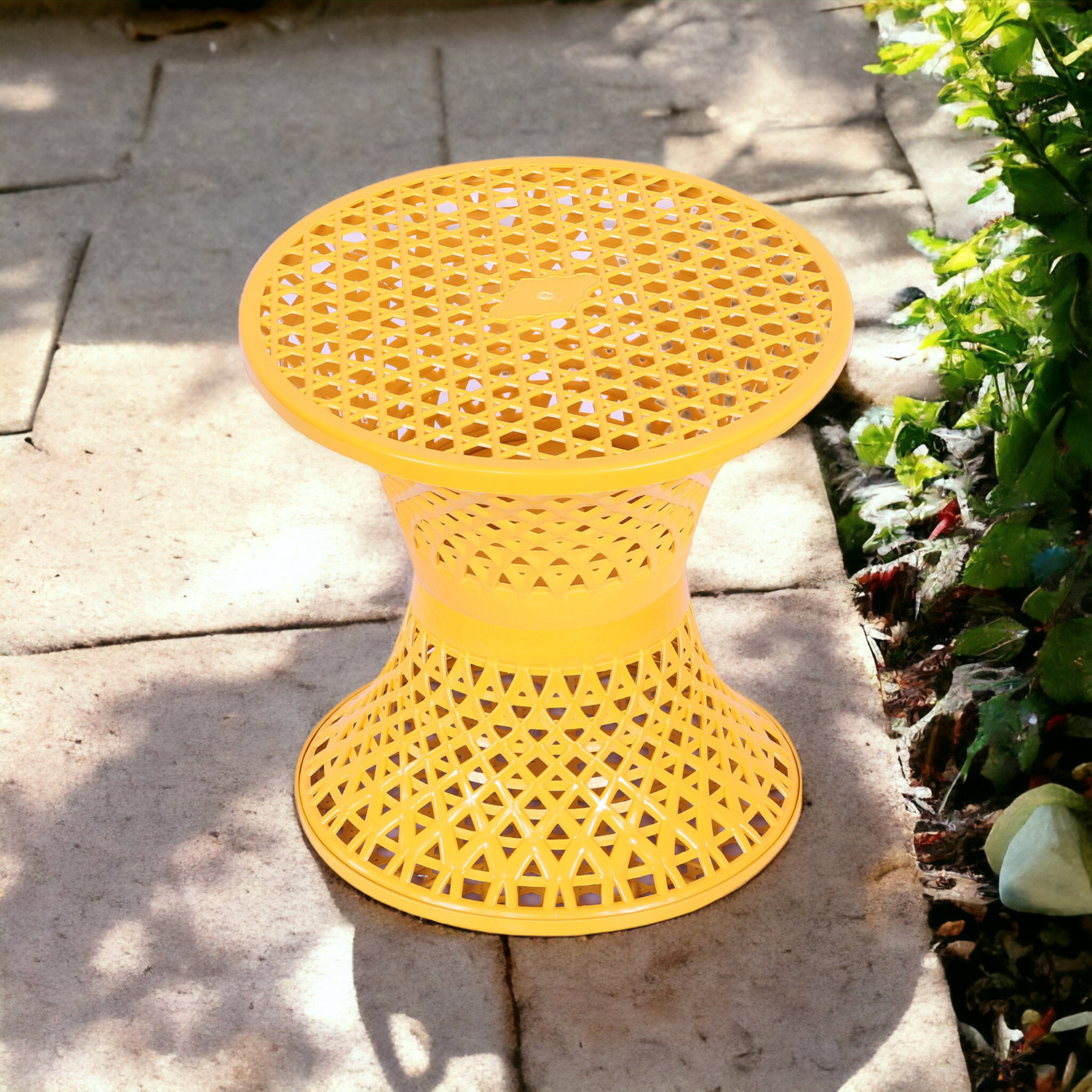 Kuber Industries Seating Stool  Plastic Mesh Damroo Stool  Both Sided Stool for Guestroom  Damroo Style Stool  Stool for Graden  Stool for Balcony  Yellow