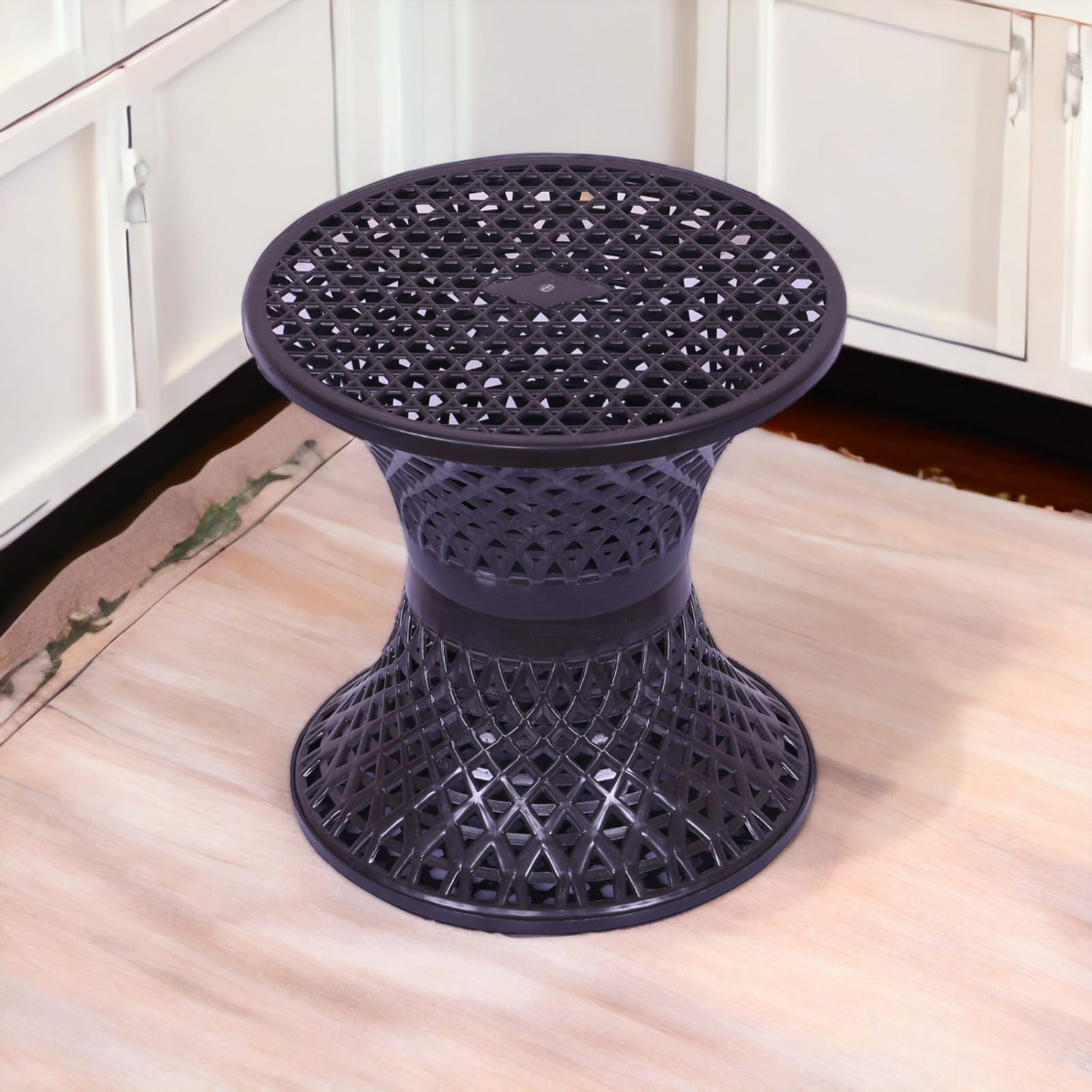 Kuber Industries Seating Stool  Plastic Mesh Damroo Stool  Both Sided Stool for Guestroom  Damroo Style Stool  Stool for Graden  Stool for Balcony  Brown